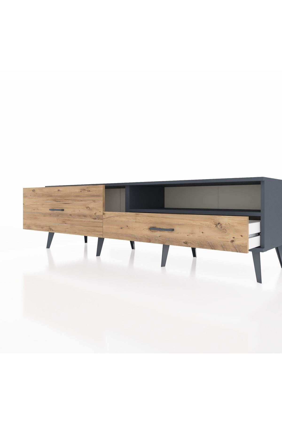 Hyperion TV Ünitesi Tek Raflı 2 Çekmeceli  176x44x51 Antrasit-Antrasit/Çam