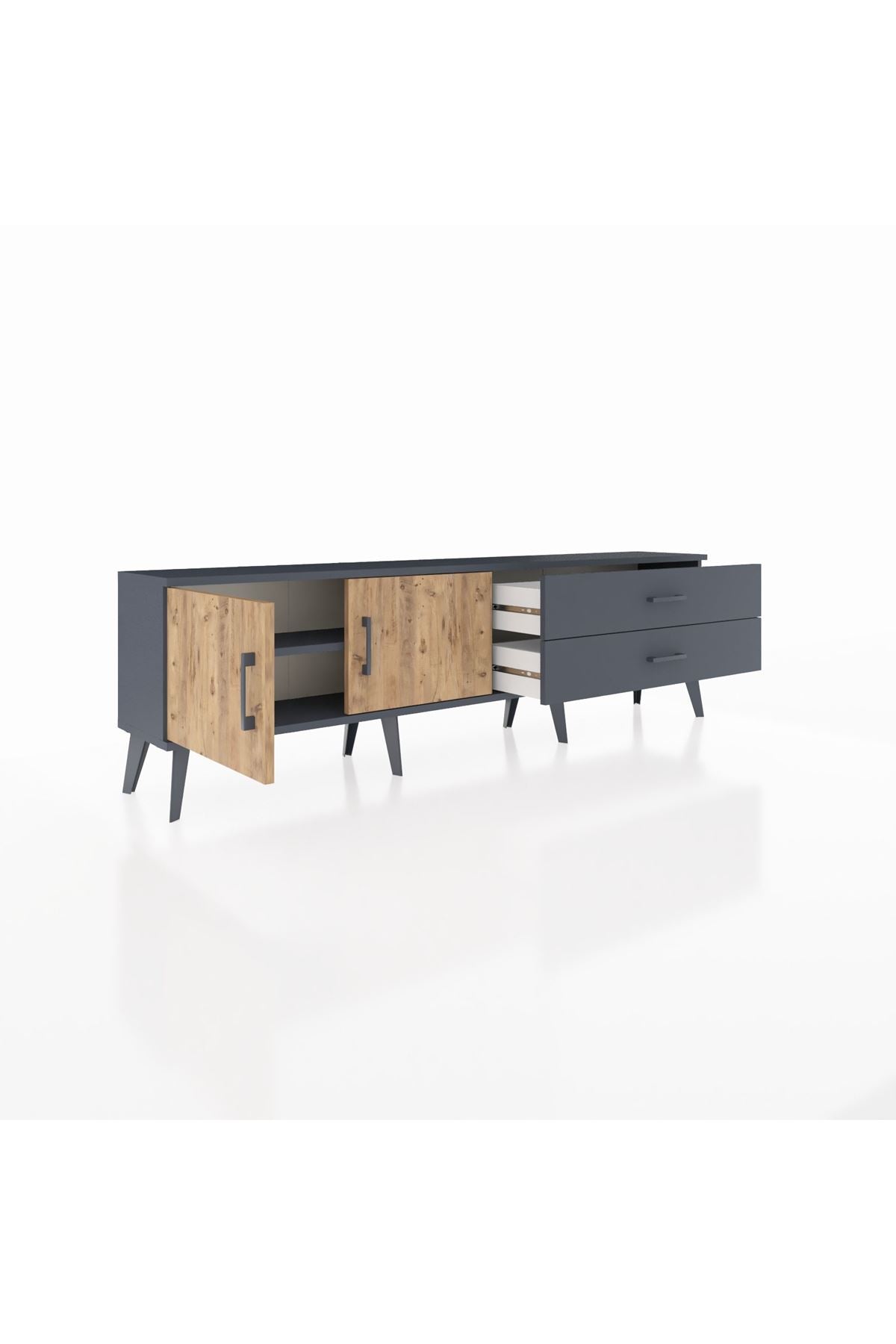 Arges TV Ünitesi Tek Raflı 2 Çekmeceli 2 Kapaklı 176x30x51 Antrasit-Çam/Antrasit