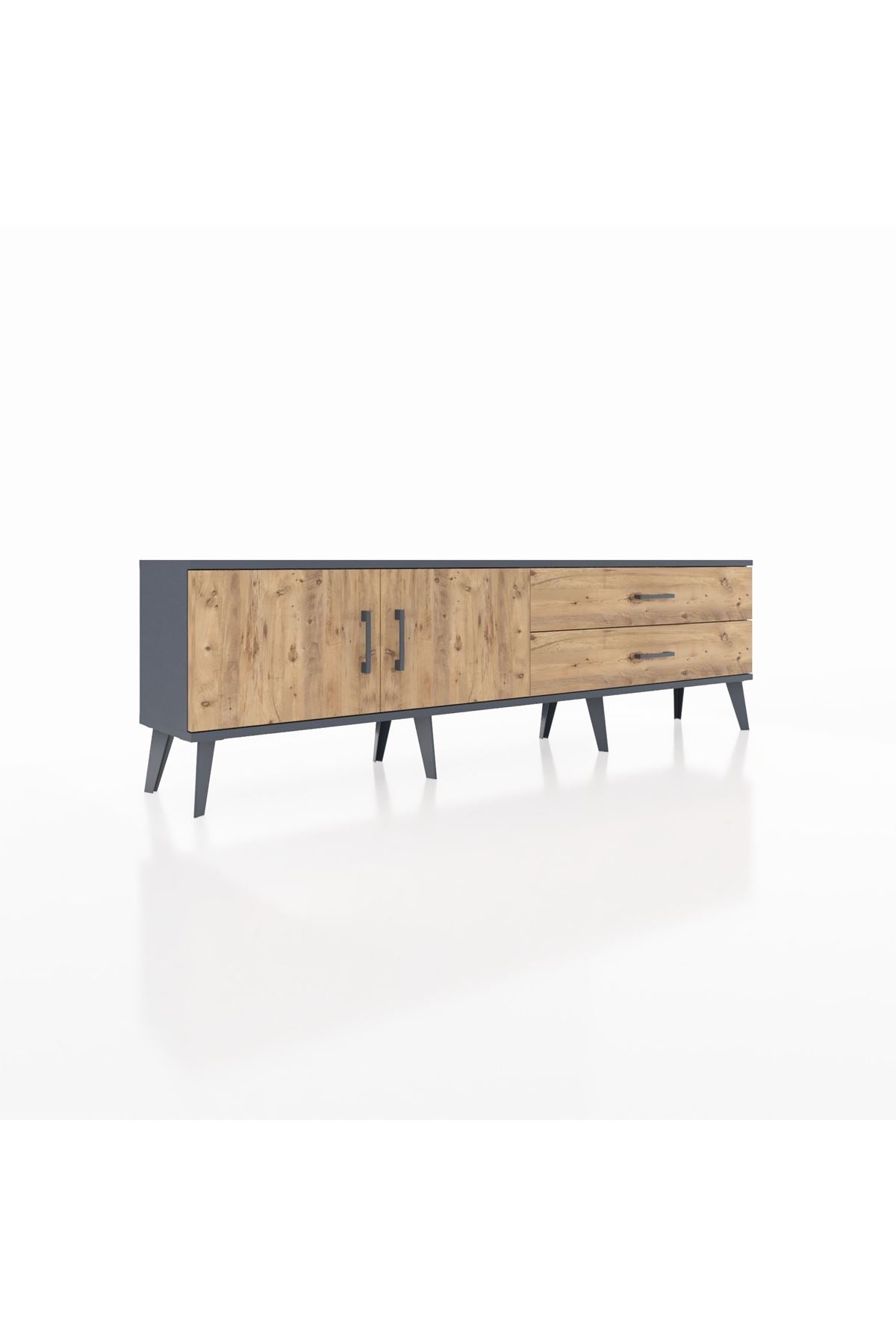 Arges TV Ünitesi Tek Raflı 2 Çekmeceli 2 Kapaklı 176x30x51 Antrasit-Çam/Çam