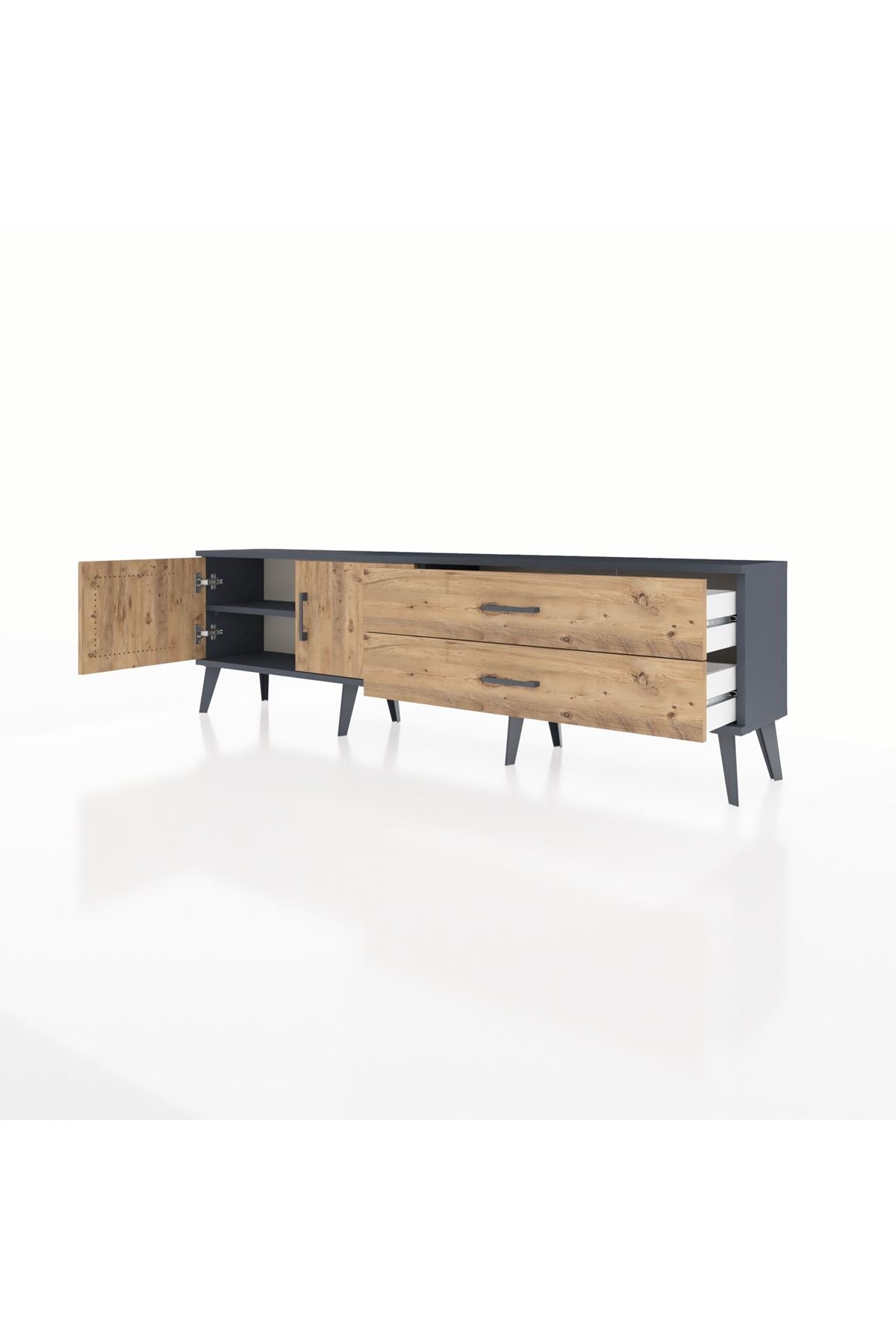 Arges TV Ünitesi Tek Raflı 2 Çekmeceli 2 Kapaklı 176x30x51 Antrasit-Çam/Çam