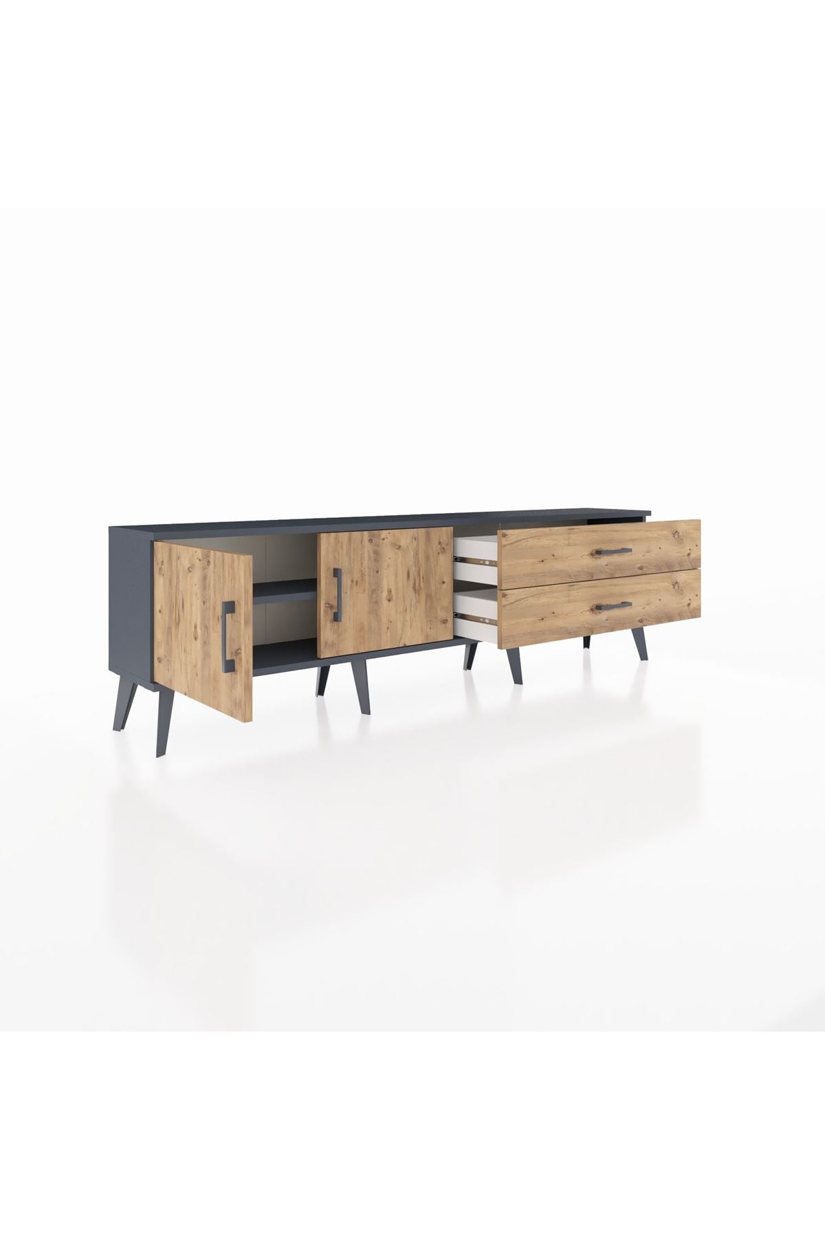 Arges TV Ünitesi Tek Raflı 2 Çekmeceli 2 Kapaklı 176x30x51 Antrasit-Çam/Çam