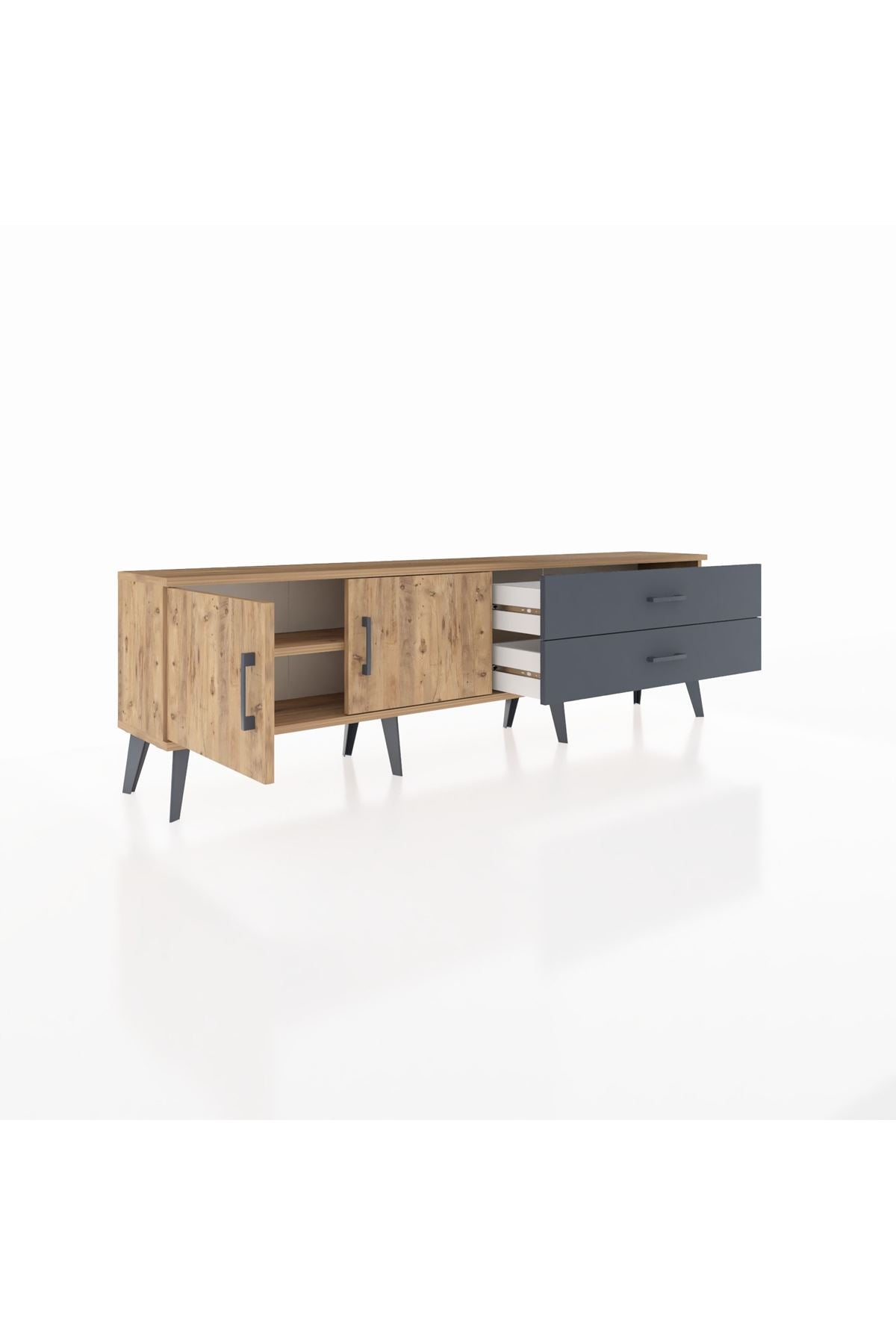 Arges TV Ünitesi Tek Raflı 2 Çekmeceli 2 Kapaklı 176x30x51 Çam-Çam/Antrasit