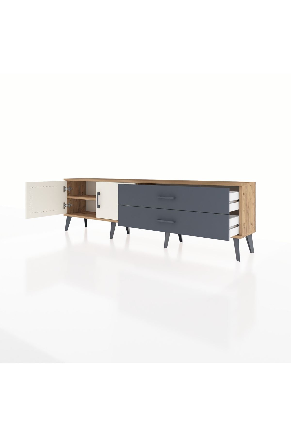 Arges TV Ünitesi Tek Raflı 2 Çekmeceli 2 Kapaklı 176x30x51 Çam-Aytaşı/Antrasit