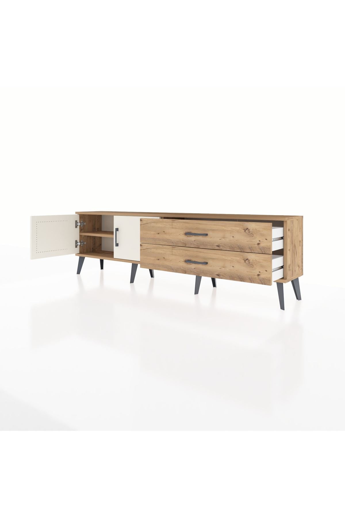 Arges TV Ünitesi Tek Raflı 2 Çekmeceli 2 Kapaklı 176x30x51 Çam-Aytaşı/Çam