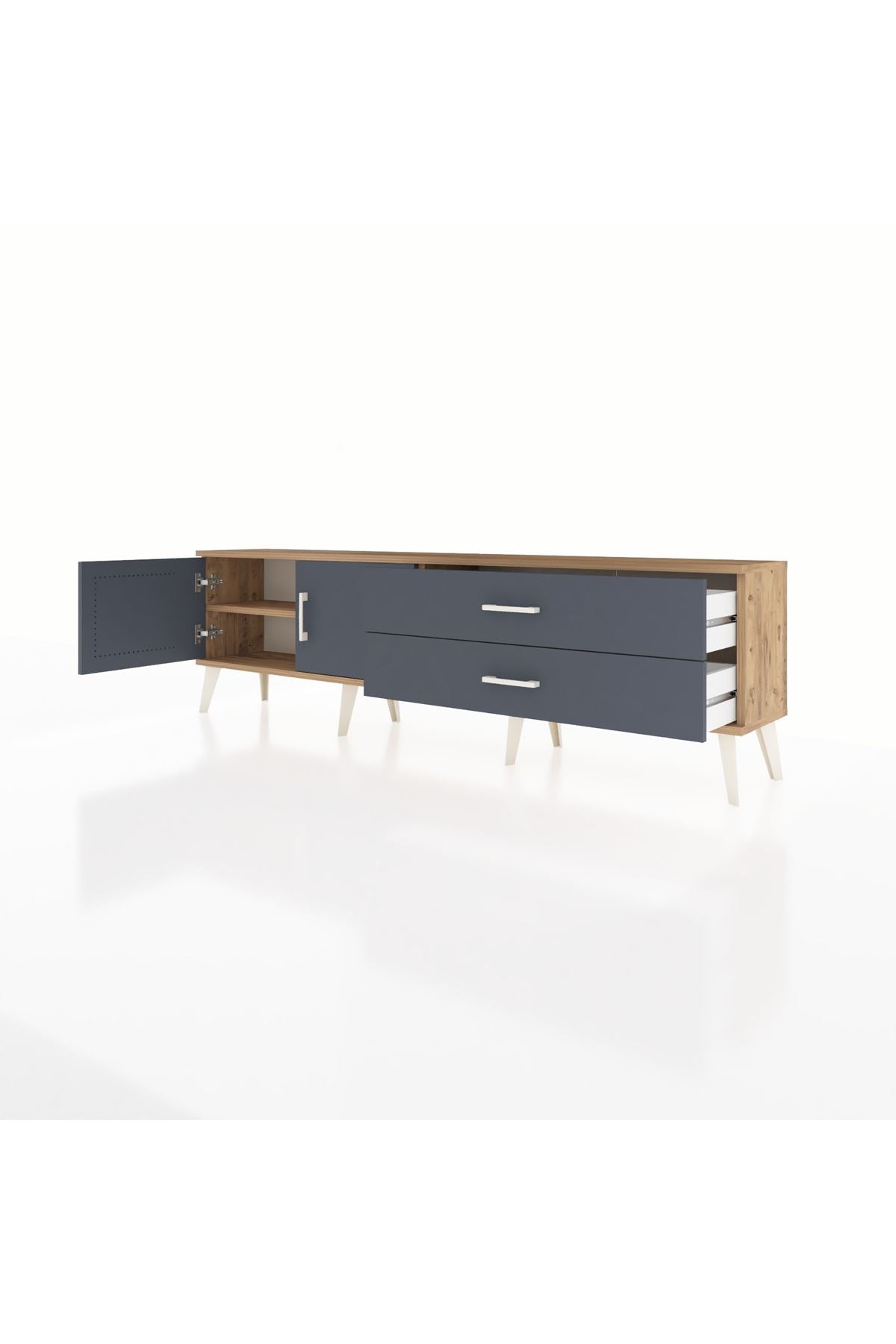 Arges TV Ünitesi Tek Raflı 2 Çekmeceli 2 Kapaklı 176x30x51 Çam-Antrasit/Antrasit