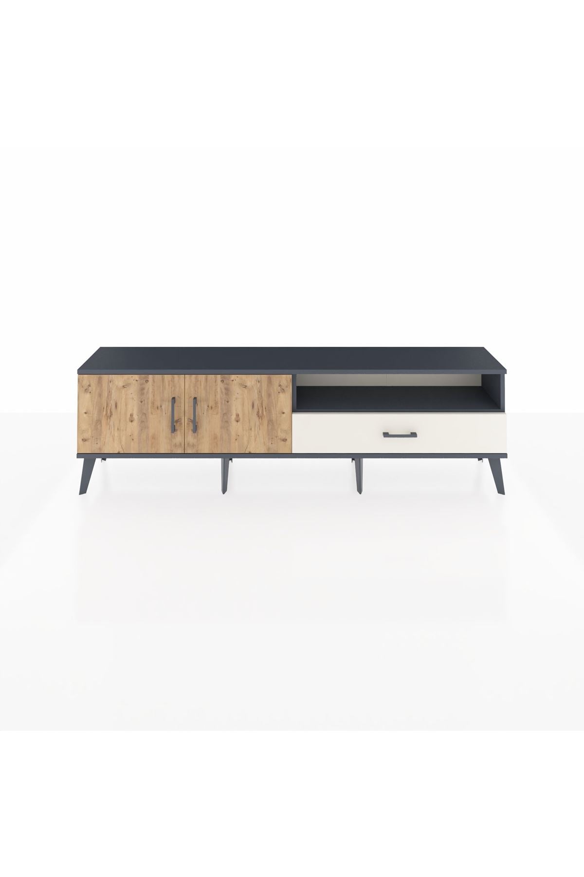 Arges TV Ünitesi 2 Raflı Tek Çekmeceli 2 Kapaklı 176x30x51 Antrasit-Çam/Aytaşı