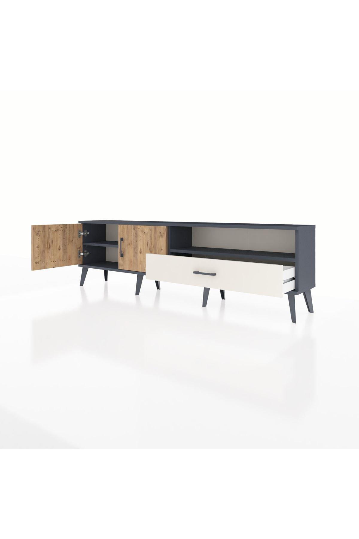 Arges TV Ünitesi 2 Raflı Tek Çekmeceli 2 Kapaklı 176x30x51 Antrasit-Çam/Aytaşı