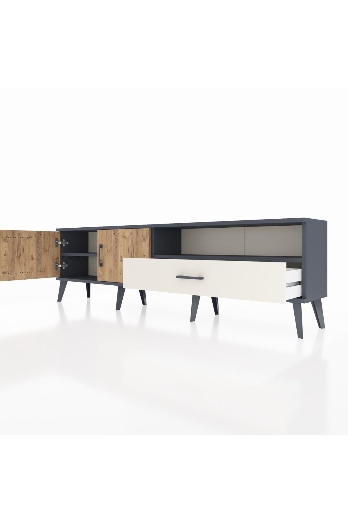 Arges TV Ünitesi 2 Raflı Tek Çekmeceli 2 Kapaklı 176x30x51 Antrasit-Çam/Aytaşı