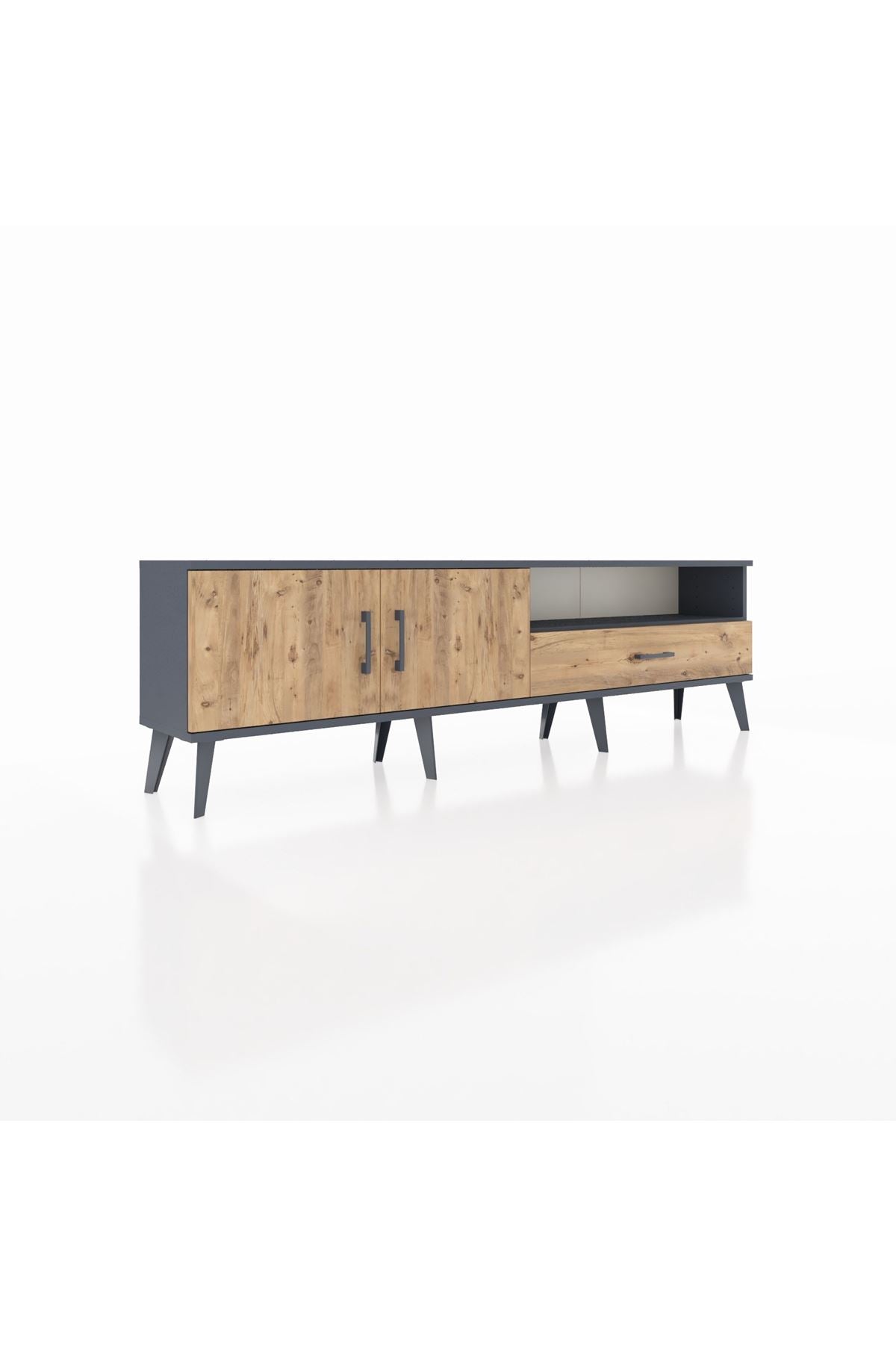 Arges TV Ünitesi 2 Raflı Tek Çekmeceli 2 Kapaklı 176x30x51 Antrasit-Çam/Çam