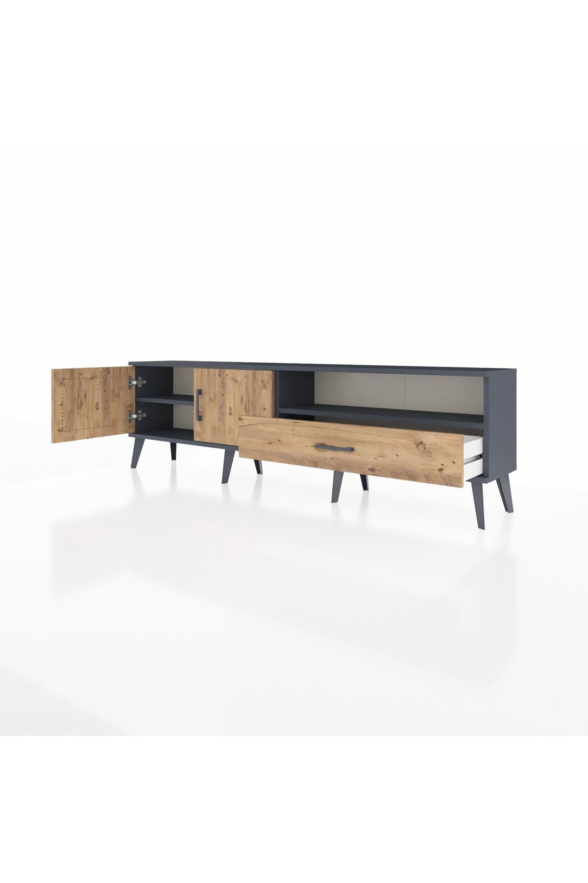 Arges TV Ünitesi 2 Raflı Tek Çekmeceli 2 Kapaklı 176x30x51 Antrasit-Çam/Çam