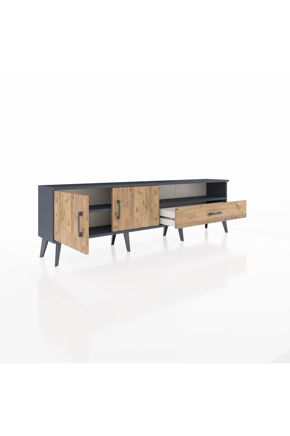 Arges TV Ünitesi 2 Raflı Tek Çekmeceli 2 Kapaklı 176x30x51 Antrasit-Çam/Çam