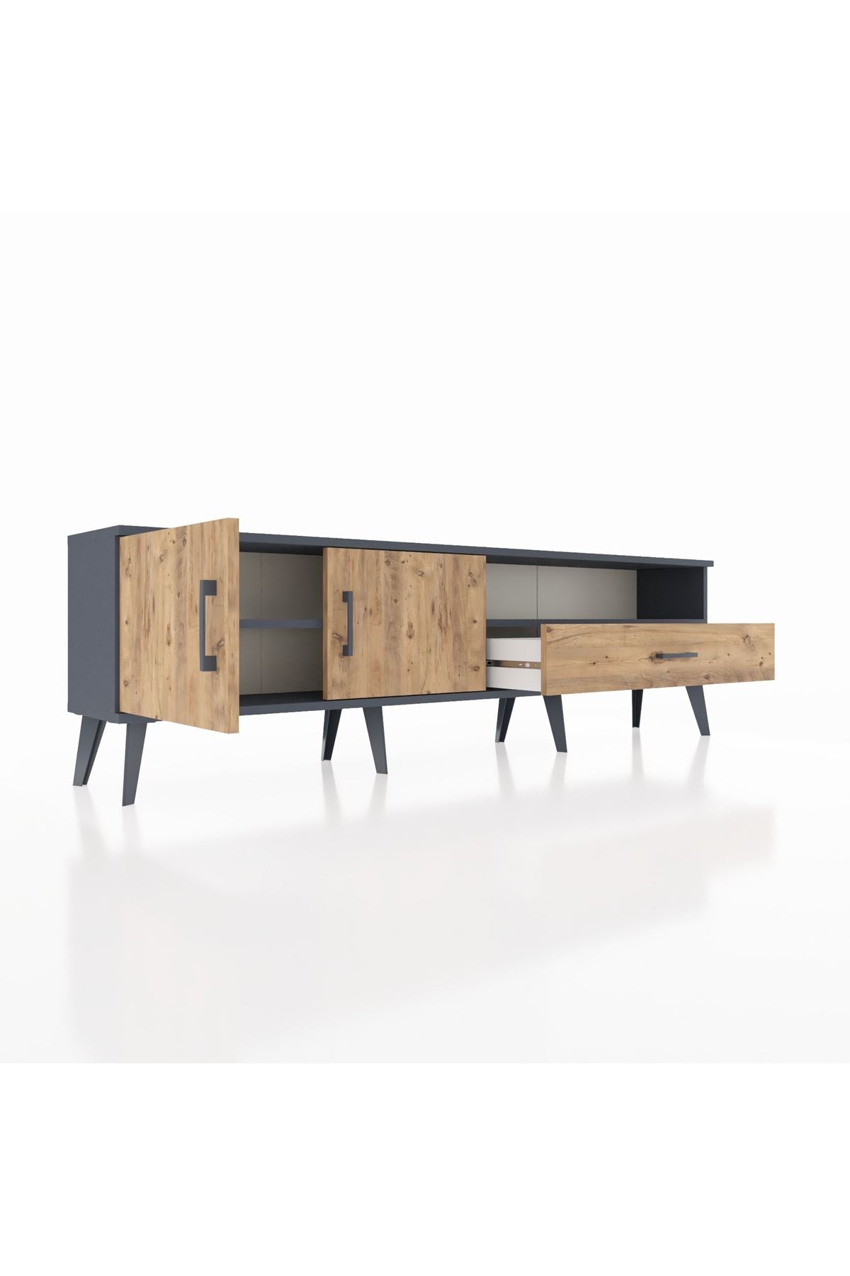 Arges TV Ünitesi 2 Raflı Tek Çekmeceli 2 Kapaklı 176x30x51 Antrasit-Çam/Çam