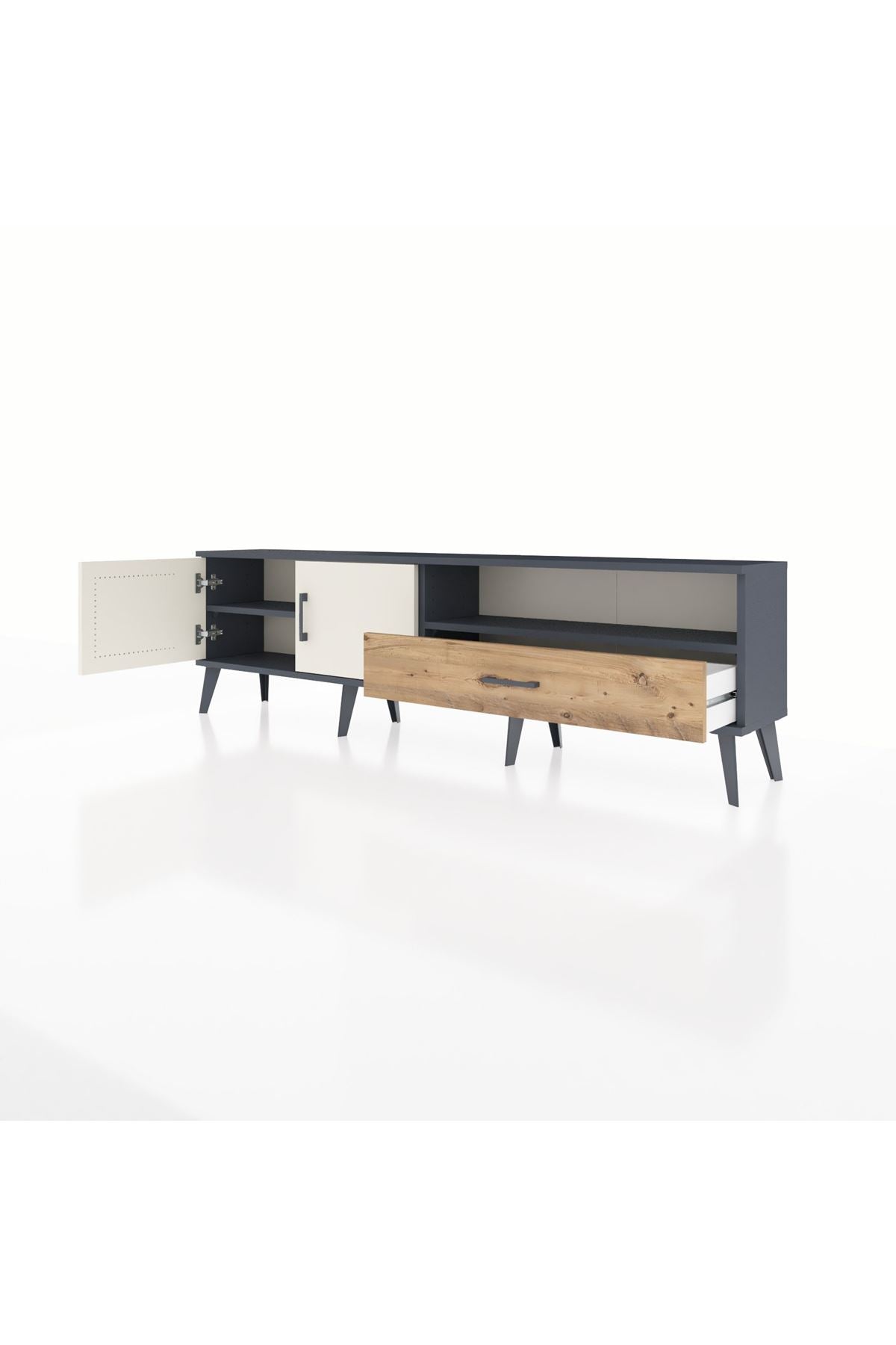 Arges TV Ünitesi 2 Raflı Tek Çekmeceli 2 Kapaklı 176x30x51 Antrasit-Aytaşı/Çam
