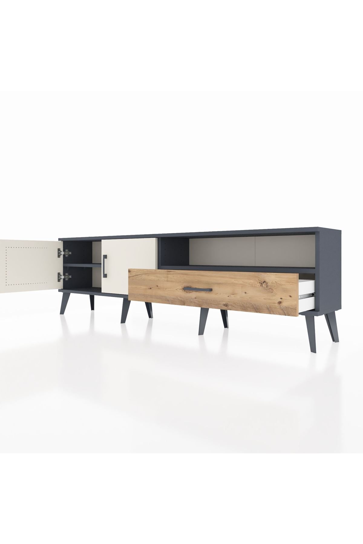 Arges TV Ünitesi 2 Raflı Tek Çekmeceli 2 Kapaklı 176x30x51 Antrasit-Aytaşı/Çam