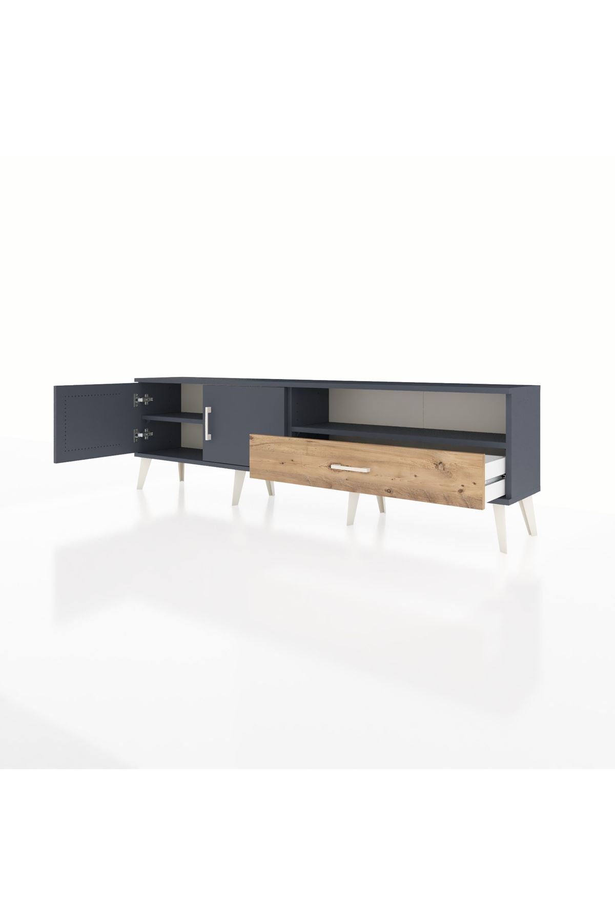 Arges TV Ünitesi 2 Raflı Tek Çekmeceli 2 Kapaklı 176x30x51 Antrasit-Antrasit/Çam