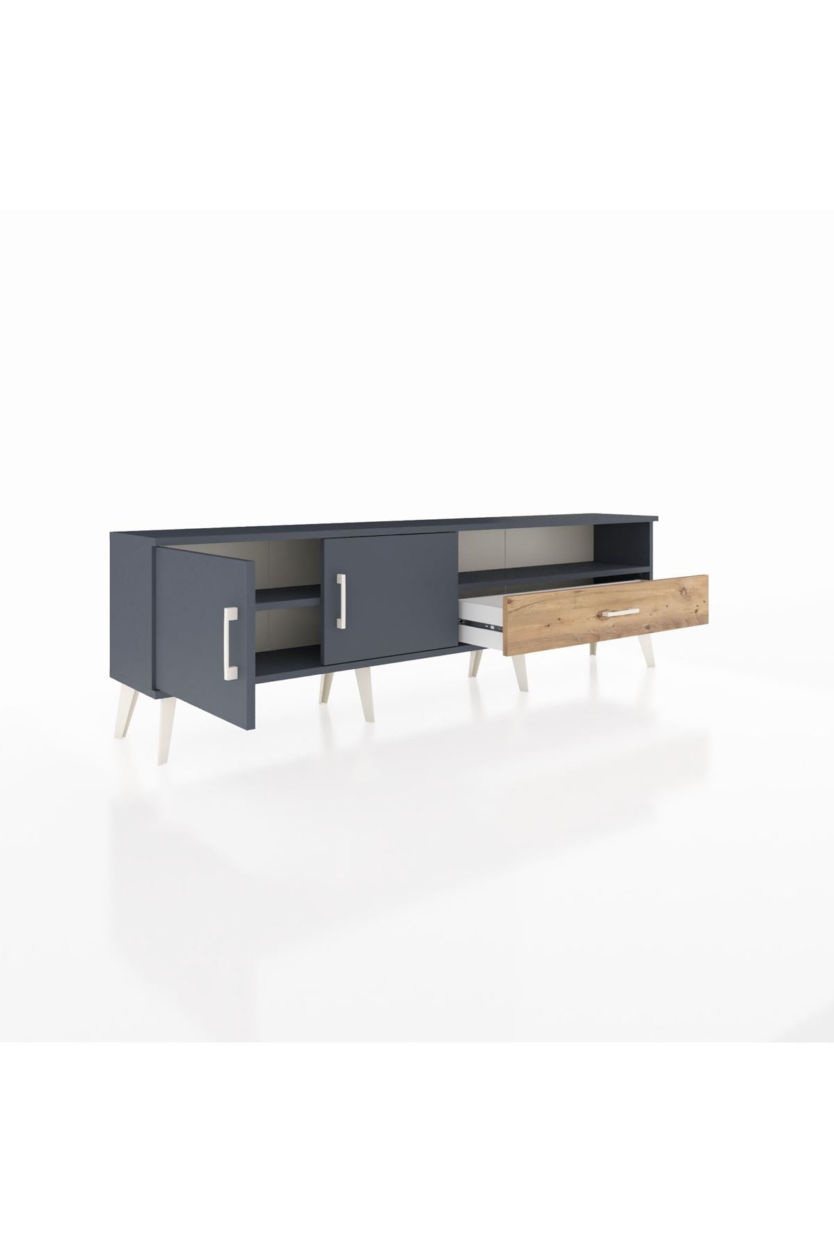 Arges TV Ünitesi 2 Raflı Tek Çekmeceli 2 Kapaklı 176x30x51 Antrasit-Antrasit/Çam