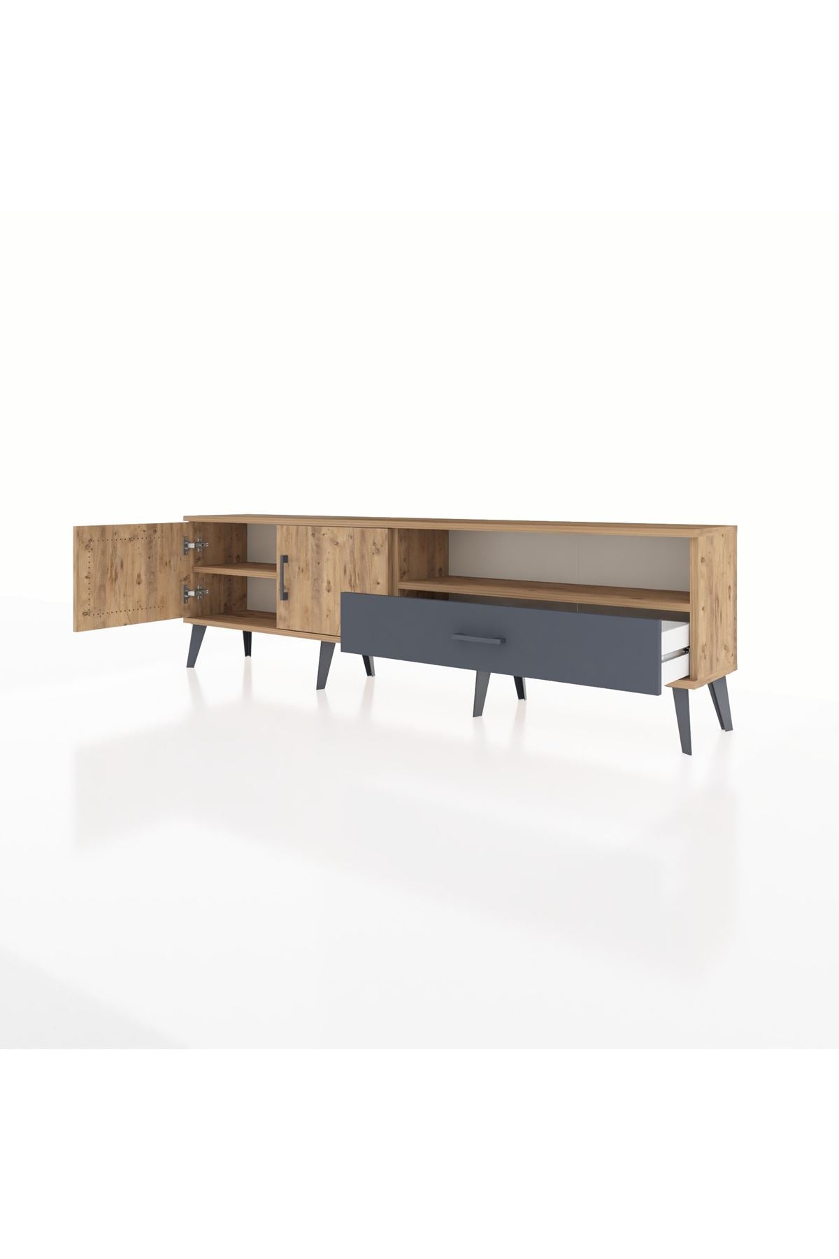 Arges TV Ünitesi 2 Raflı Tek Çekmeceli 2 Kapaklı 176x30x51 Çam-Çam/Antrasit