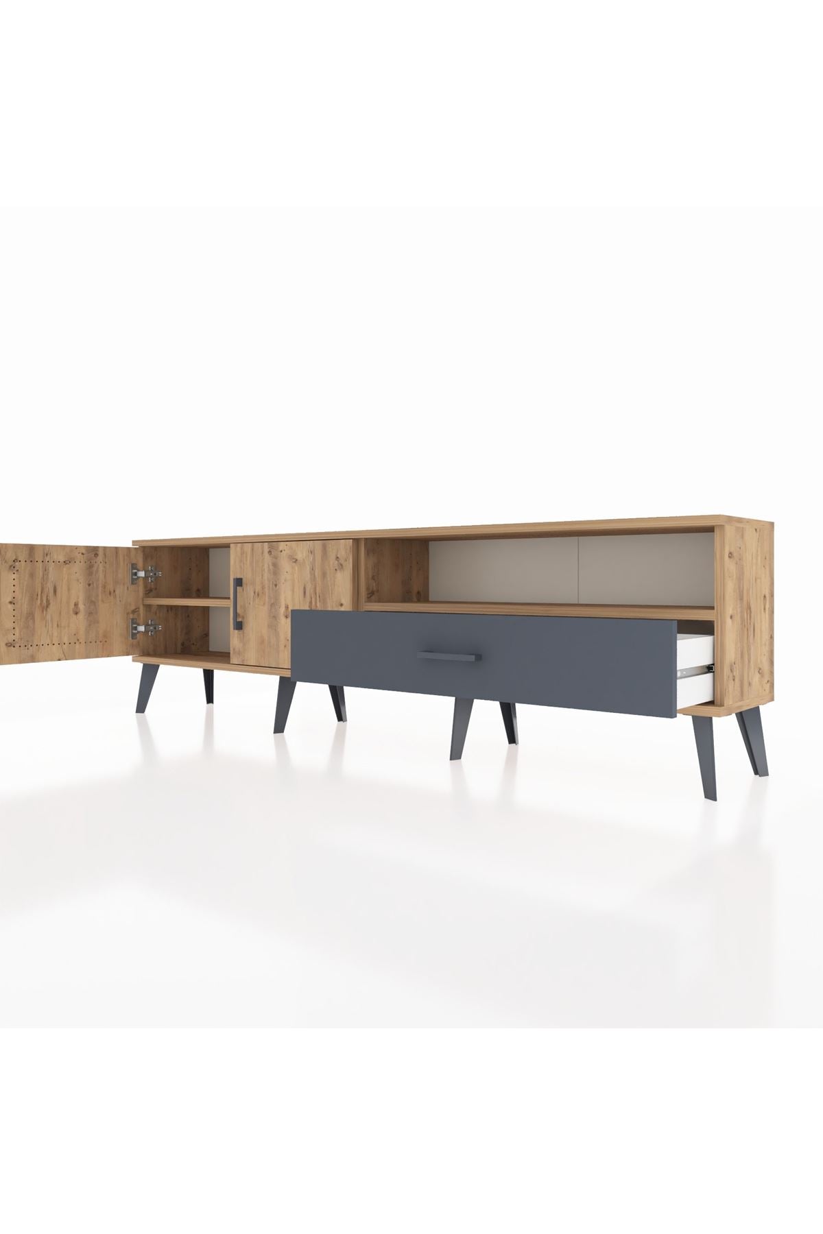 Arges TV Ünitesi 2 Raflı Tek Çekmeceli 2 Kapaklı 176x30x51 Çam-Çam/Antrasit