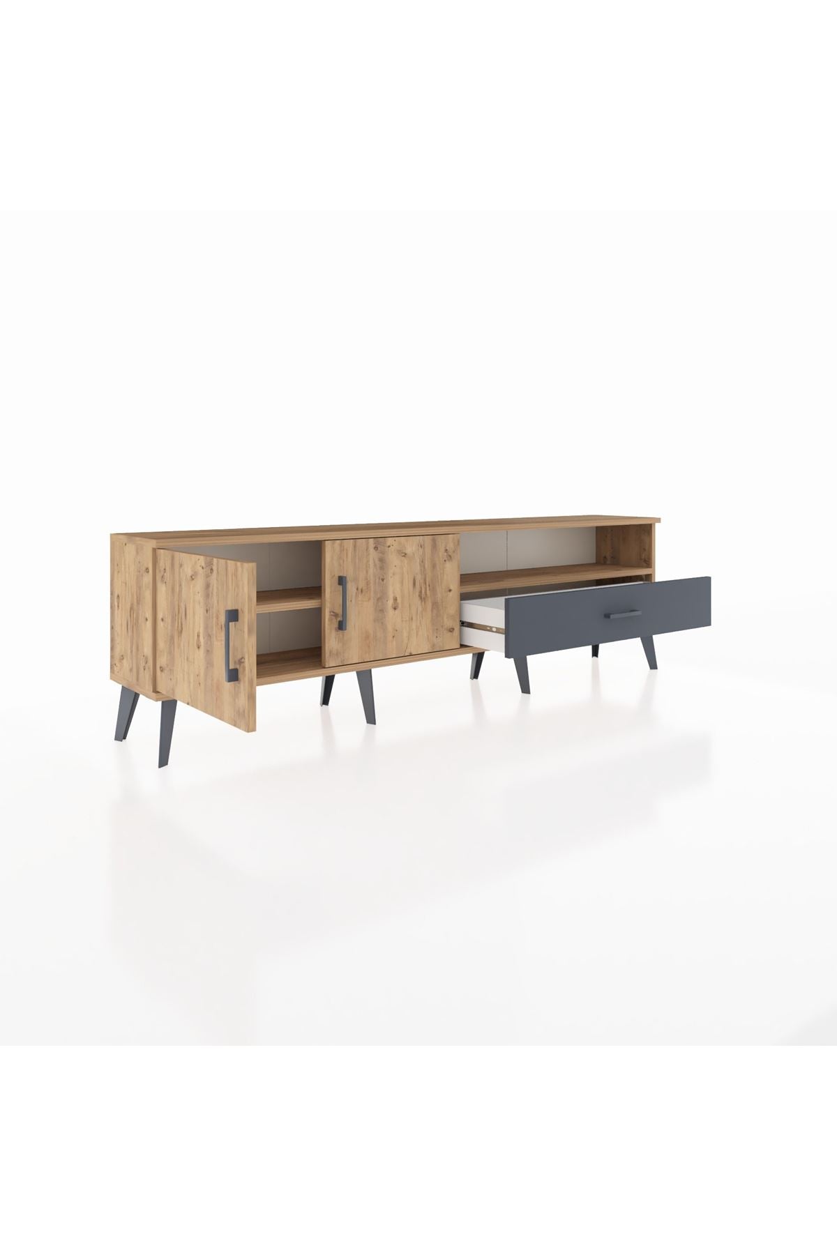 Arges TV Ünitesi 2 Raflı Tek Çekmeceli 2 Kapaklı 176x30x51 Çam-Çam/Antrasit