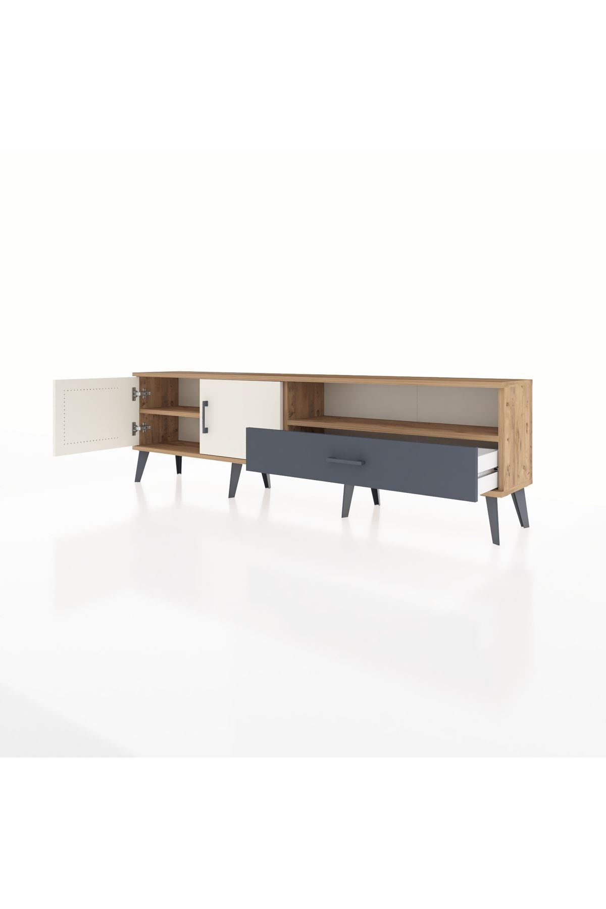 Arges TV Ünitesi 2 Raflı Tek Çekmeceli 2 Kapaklı 176x30x51 Çam-Aytaşı/Antrasit