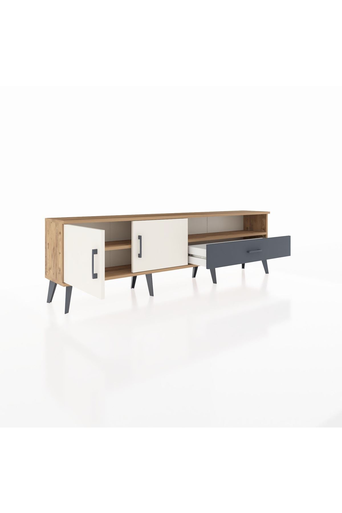 Arges TV Ünitesi 2 Raflı Tek Çekmeceli 2 Kapaklı 176x30x51 Çam-Aytaşı/Antrasit