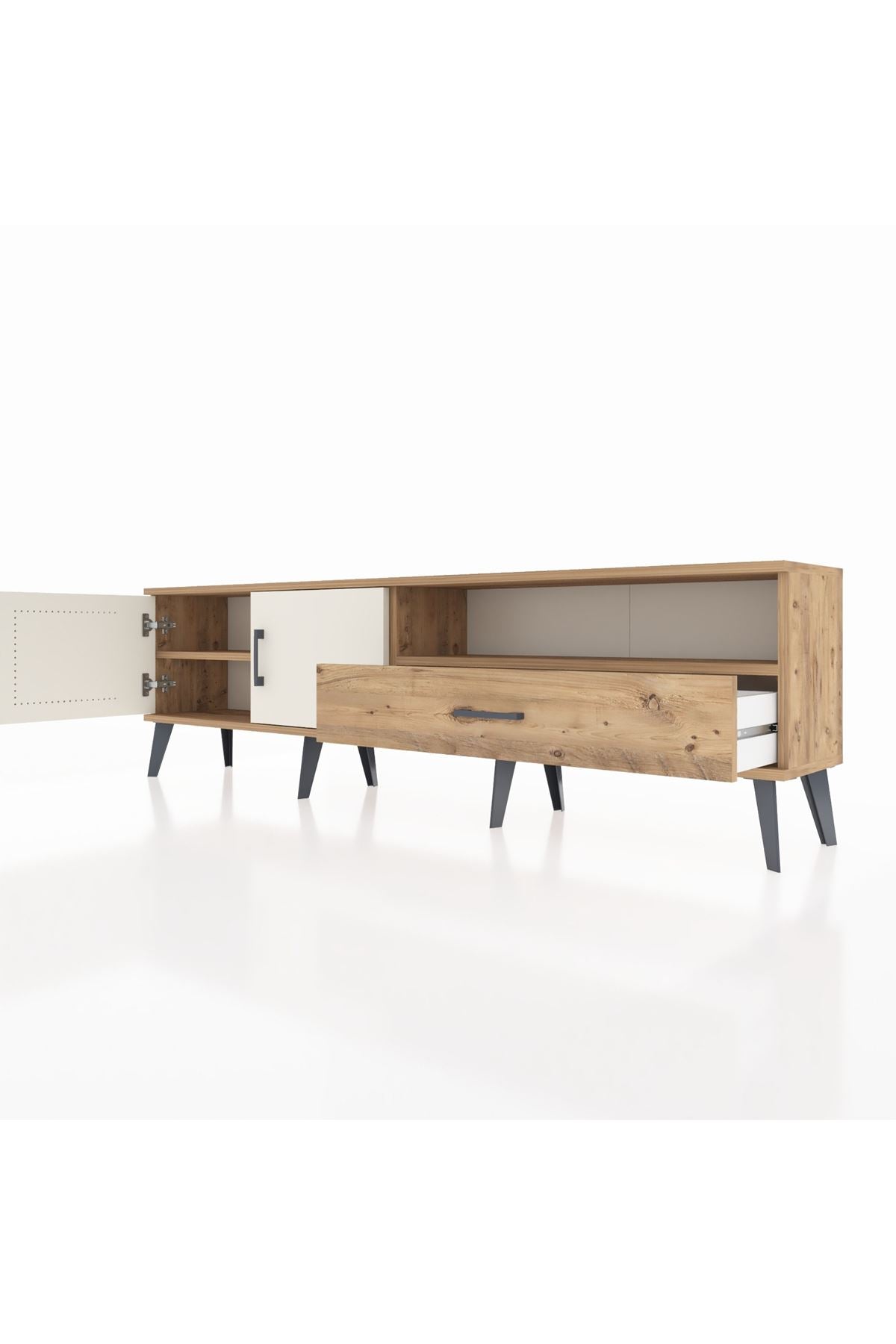 Arges TV Ünitesi 2 Raflı Tek Çekmeceli 2 Kapaklı 176x30x51 Çam-Aytaşı/Çam