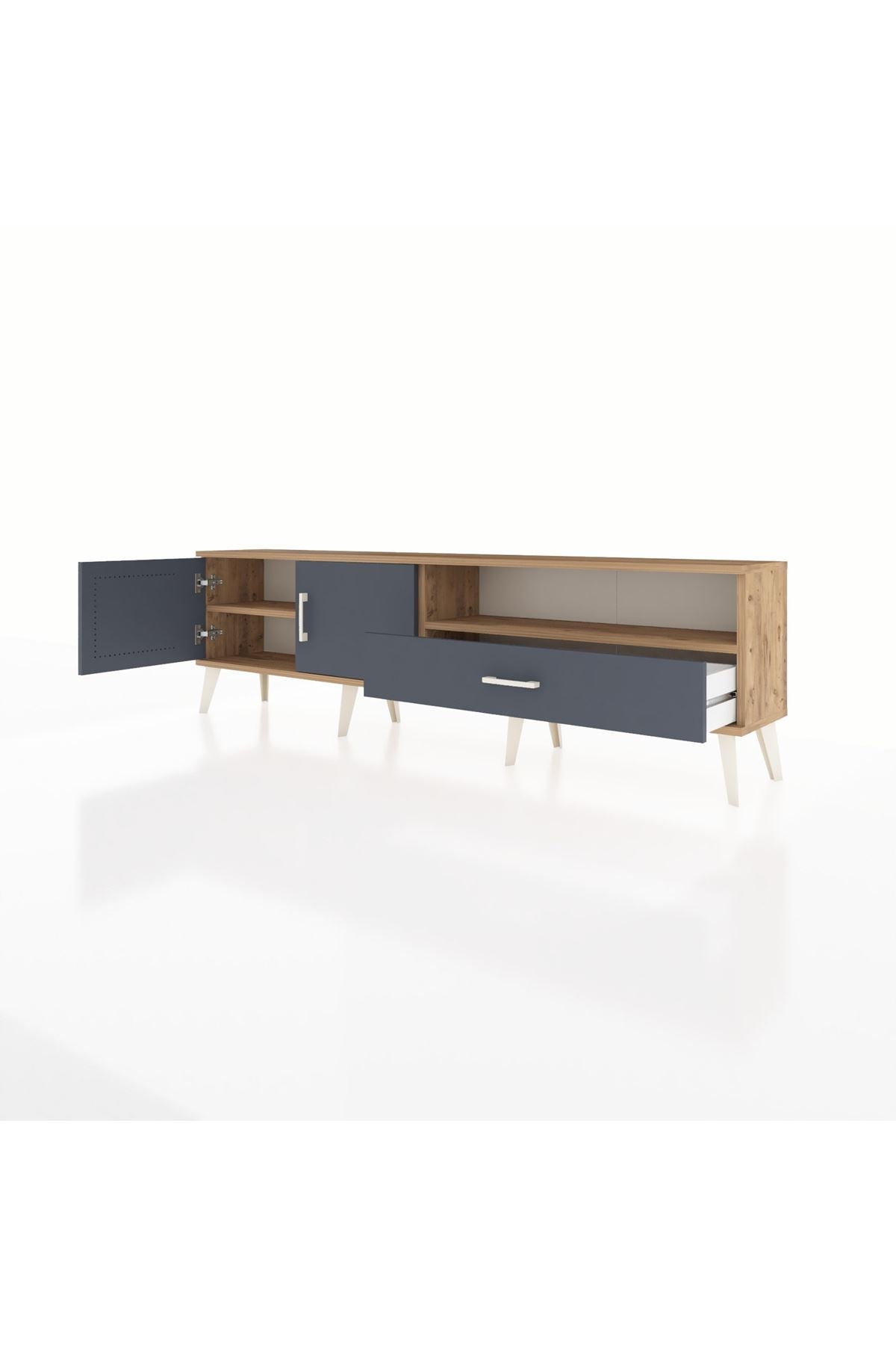 Arges TV Ünitesi 2 Raflı Tek Çekmeceli 2 Kapaklı 176x30x51 Çam-Antrasit/Antrasit