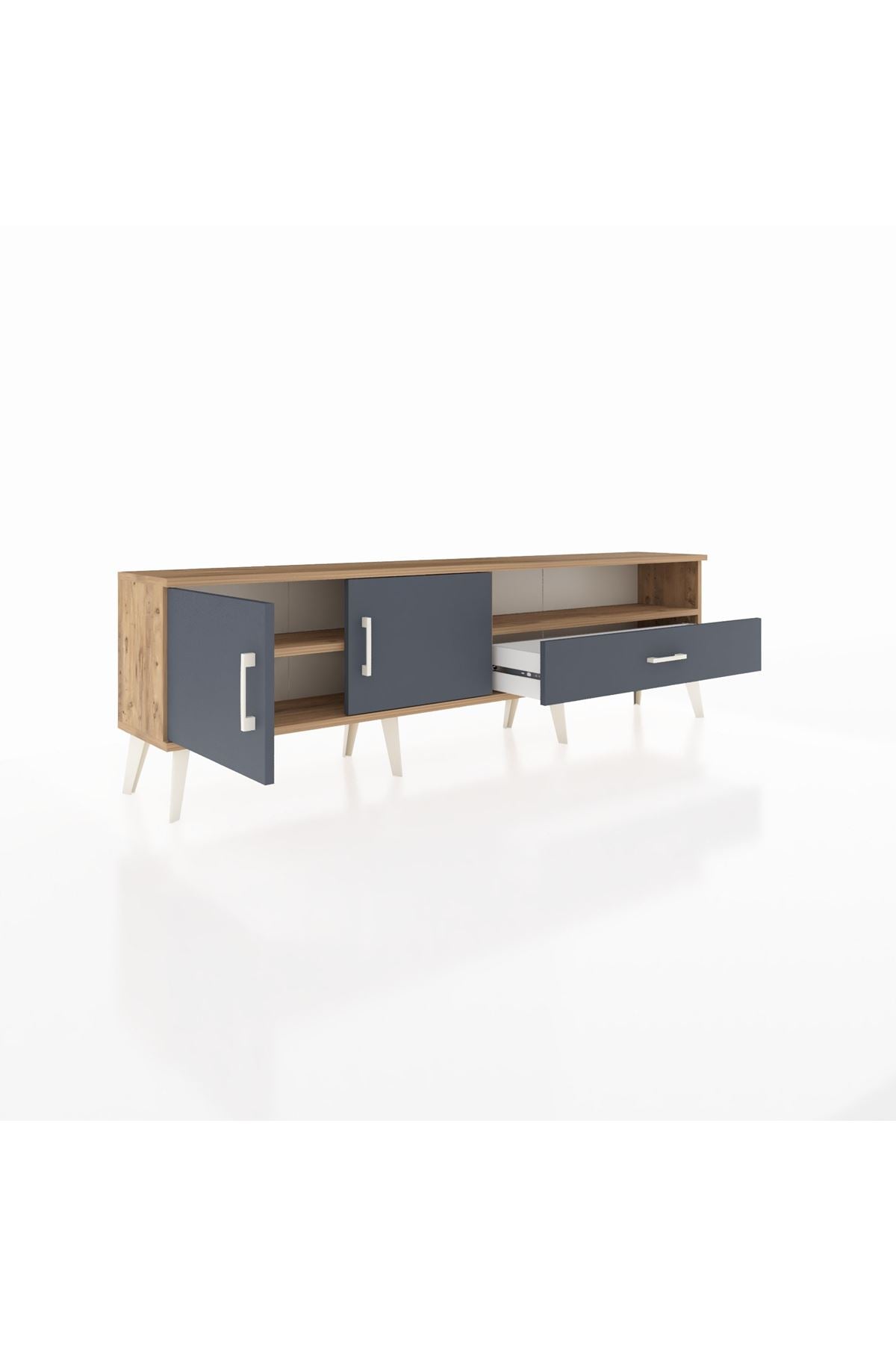 Arges TV Ünitesi 2 Raflı Tek Çekmeceli 2 Kapaklı 176x30x51 Çam-Antrasit/Antrasit