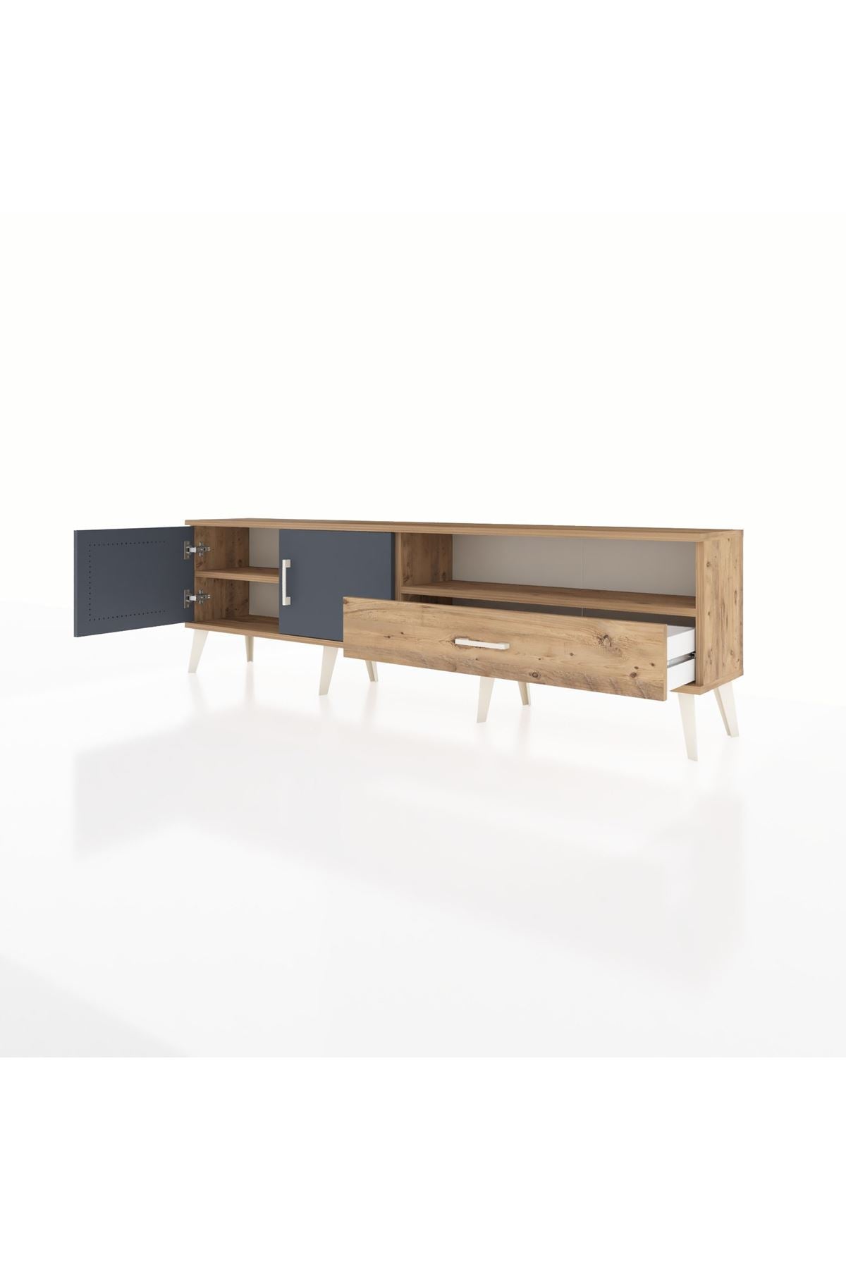 Arges TV Ünitesi 2 Raflı Tek Çekmeceli 2 Kapaklı 176x30x51 Çam-Antrasit/Çam