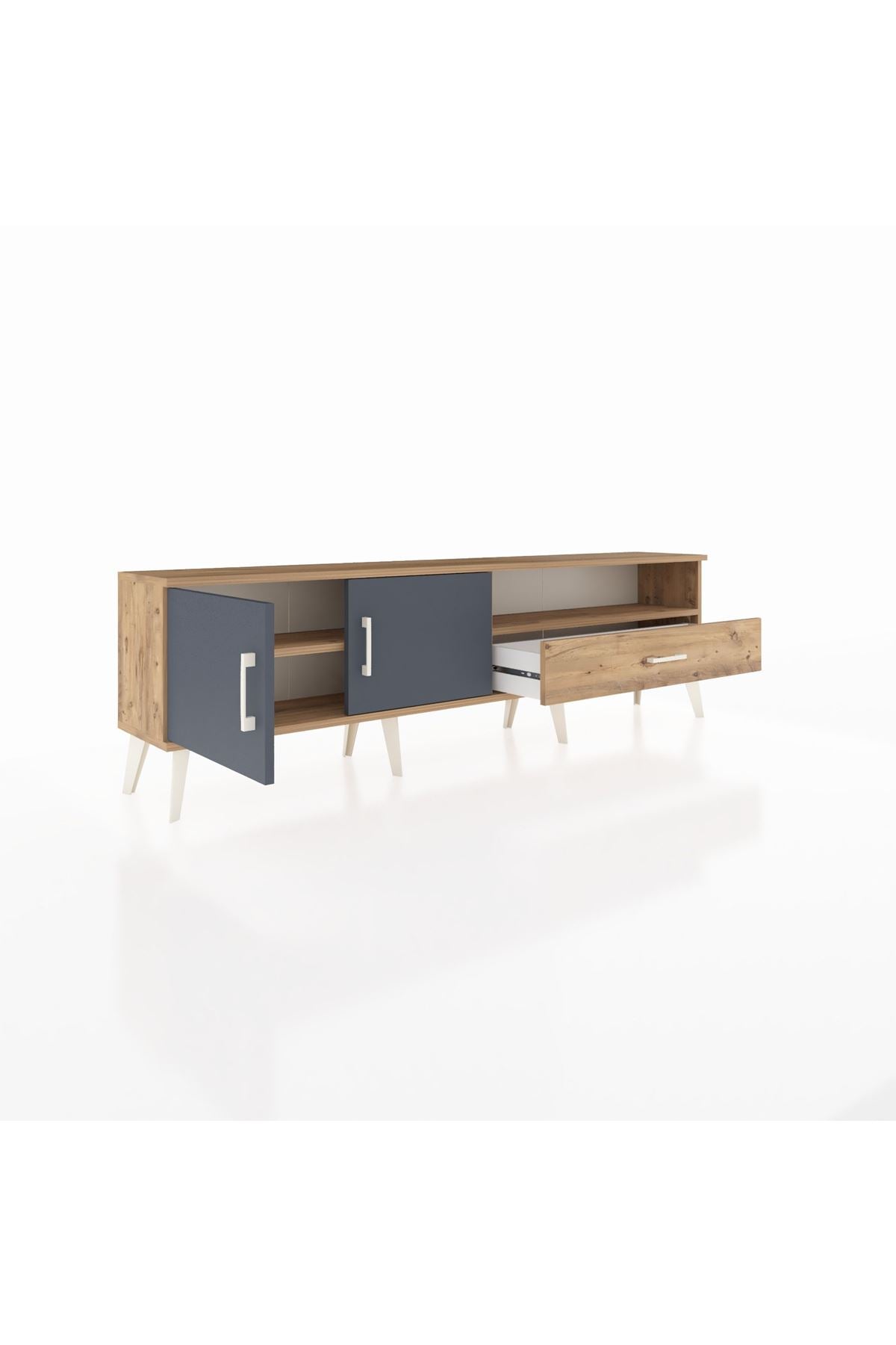 Arges TV Ünitesi 2 Raflı Tek Çekmeceli 2 Kapaklı 176x30x51 Çam-Antrasit/Çam