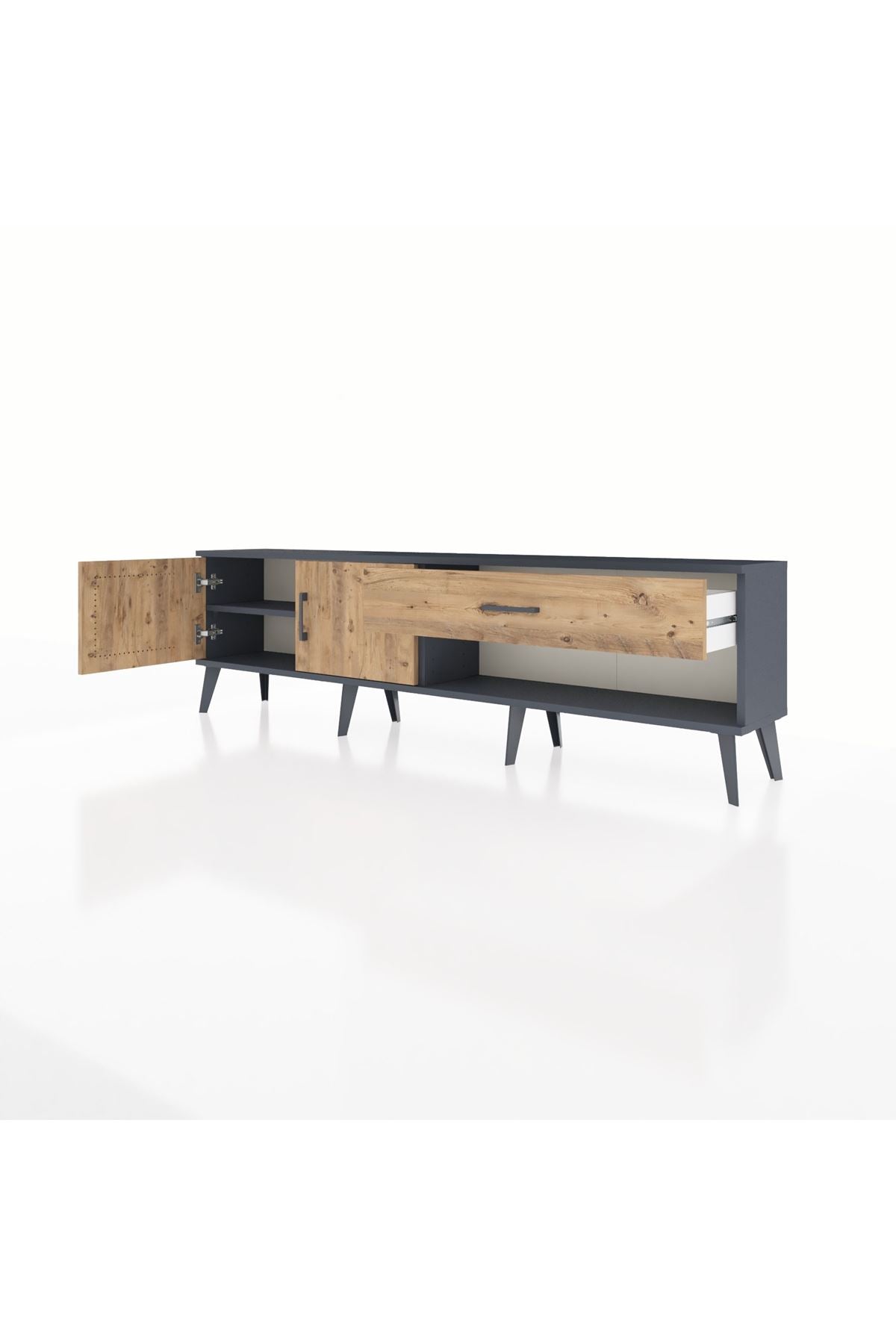 Arges TV Ünitesi Tek Raflı Tek Çekmeceli 2 Kapaklı 176x30x51 Antrasit-Çam/Çam