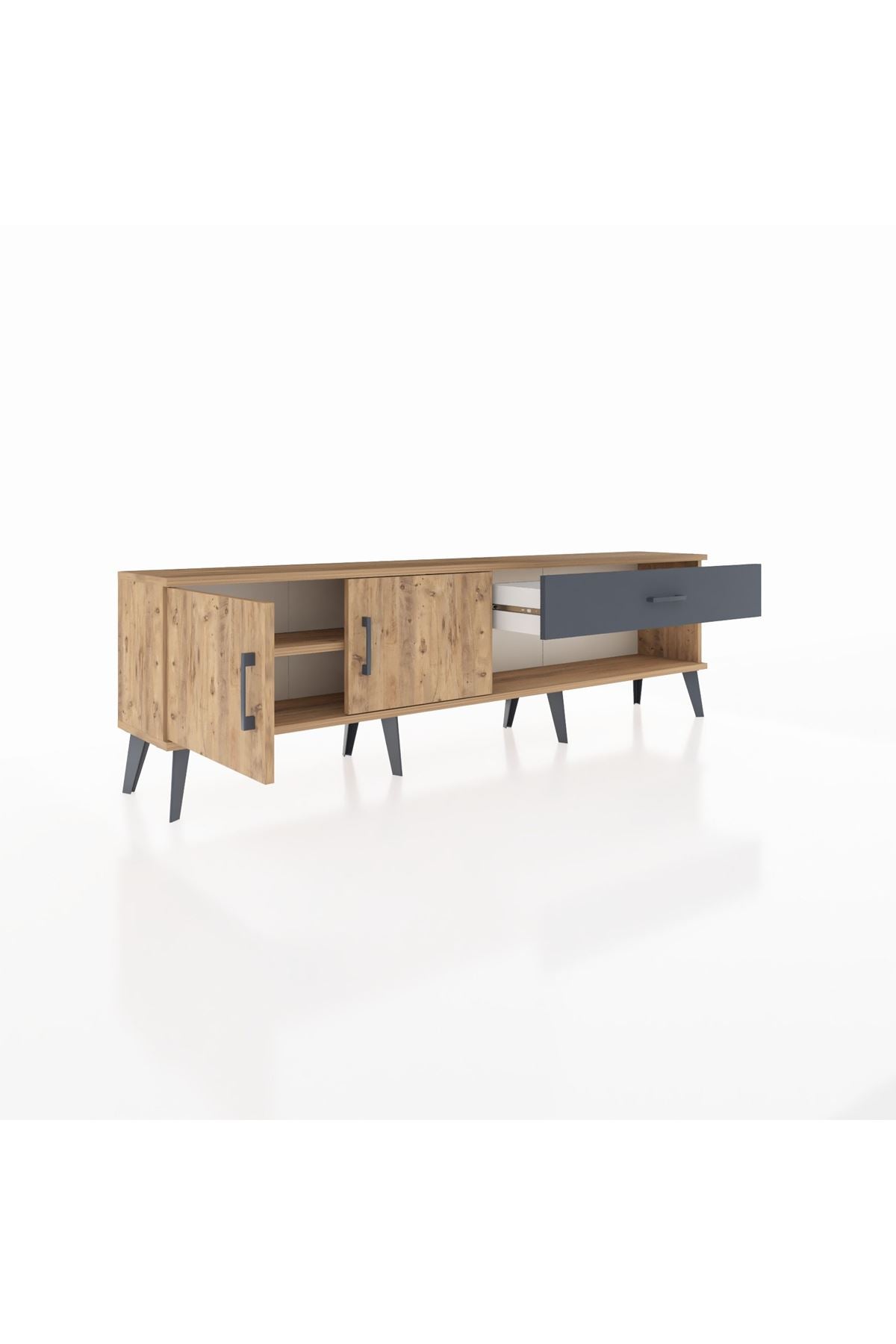 Arges TV Ünitesi Tek Raflı Tek Çekmeceli 2 Kapaklı 176x30x51 Çam-Çam/Antrasit