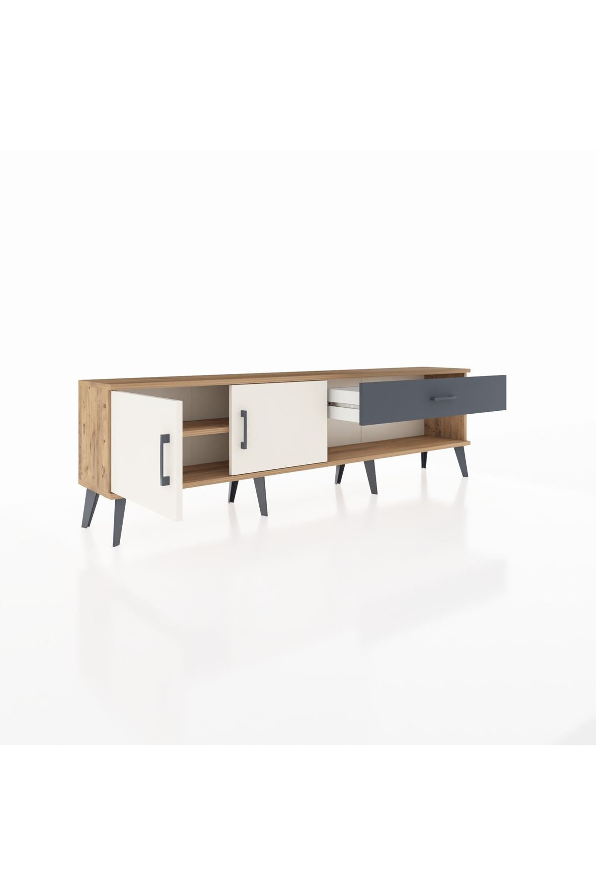 Arges TV Ünitesi Tek Raflı Tek Çekmeceli 2 Kapaklı 176x30x51 Çam-Aytaşı/Antrasit