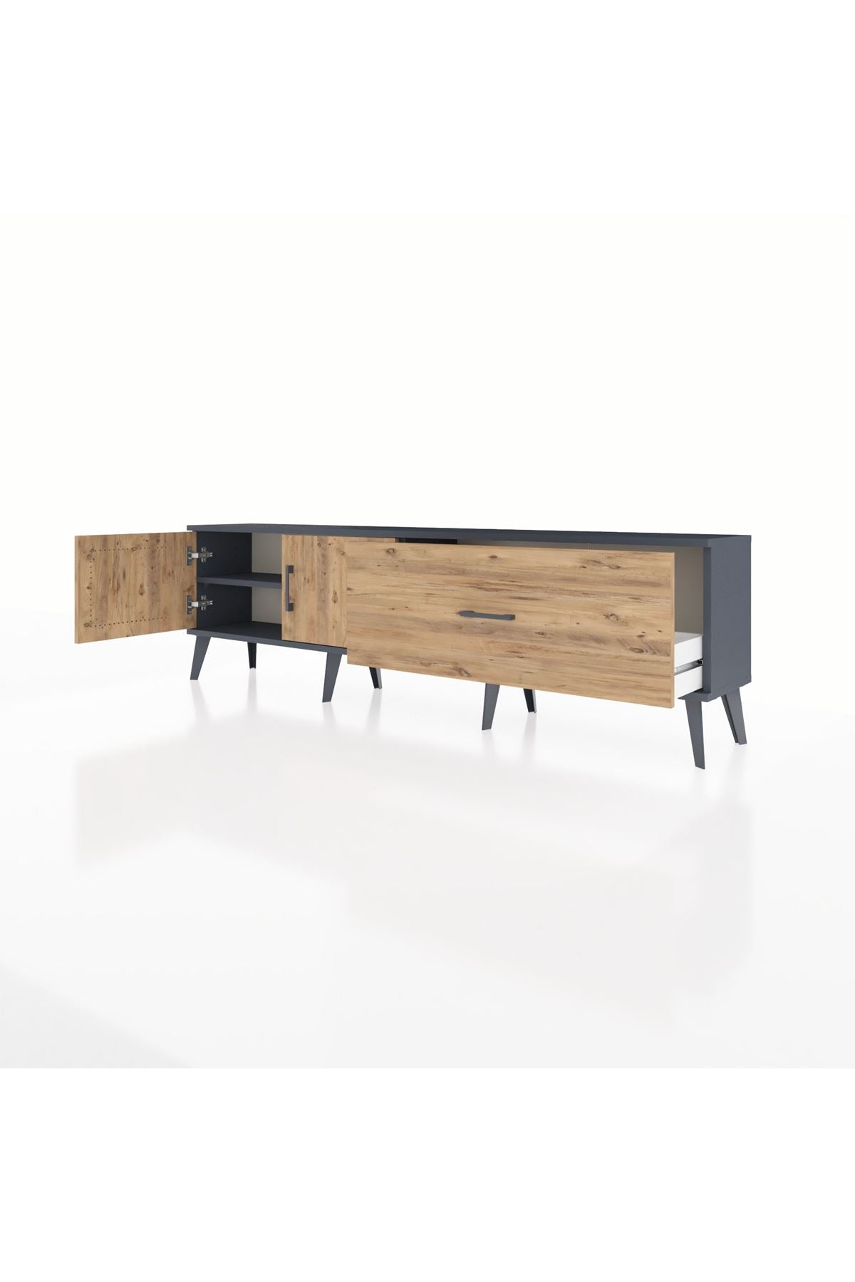 Arges TV Ünitesi Tek Raflı Tek Çekmeceli 2 Kapaklı 176x30x51 Antrasit-Çam/Çam