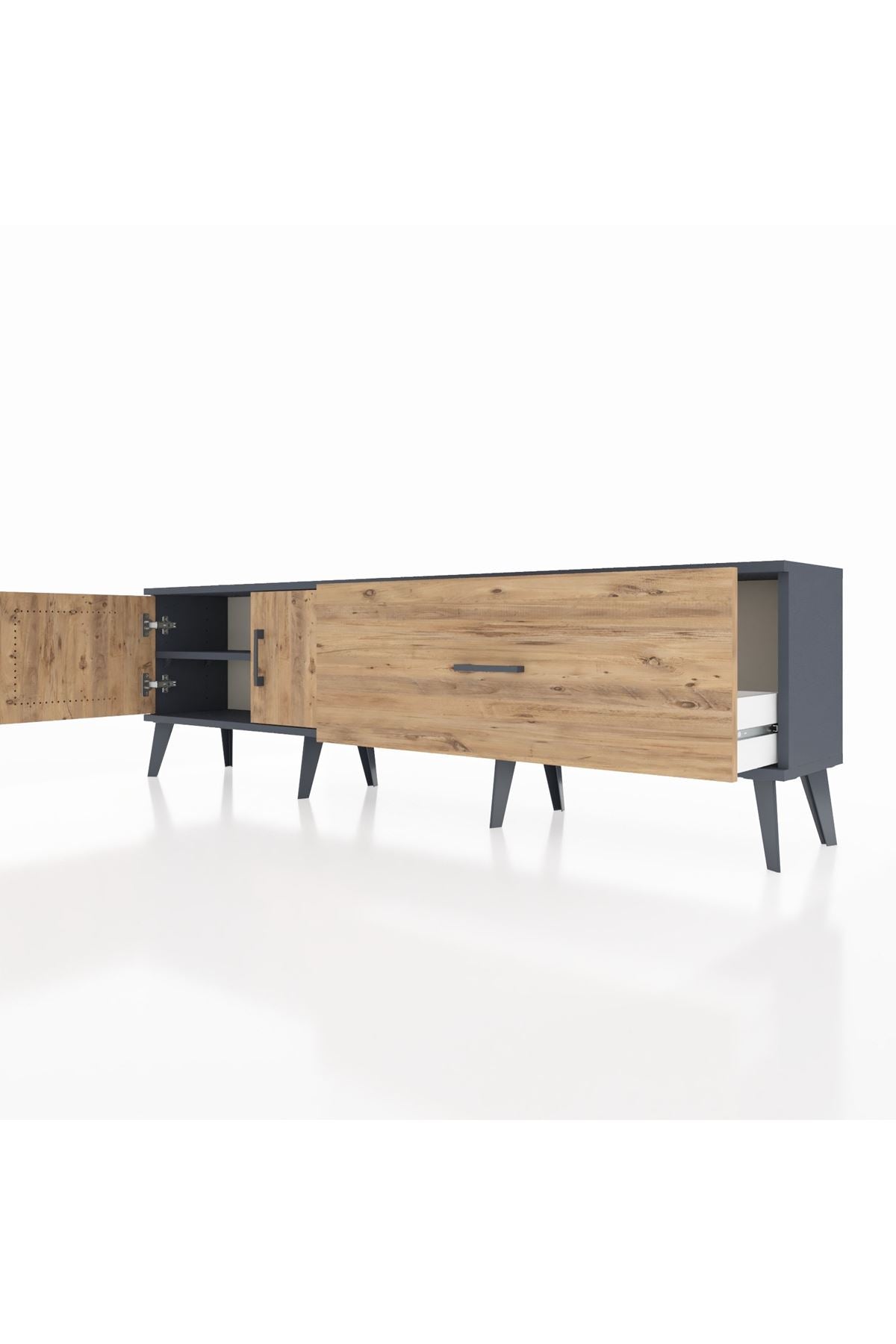 Arges TV Ünitesi Tek Raflı Tek Çekmeceli 2 Kapaklı 176x30x51 Antrasit-Çam/Çam
