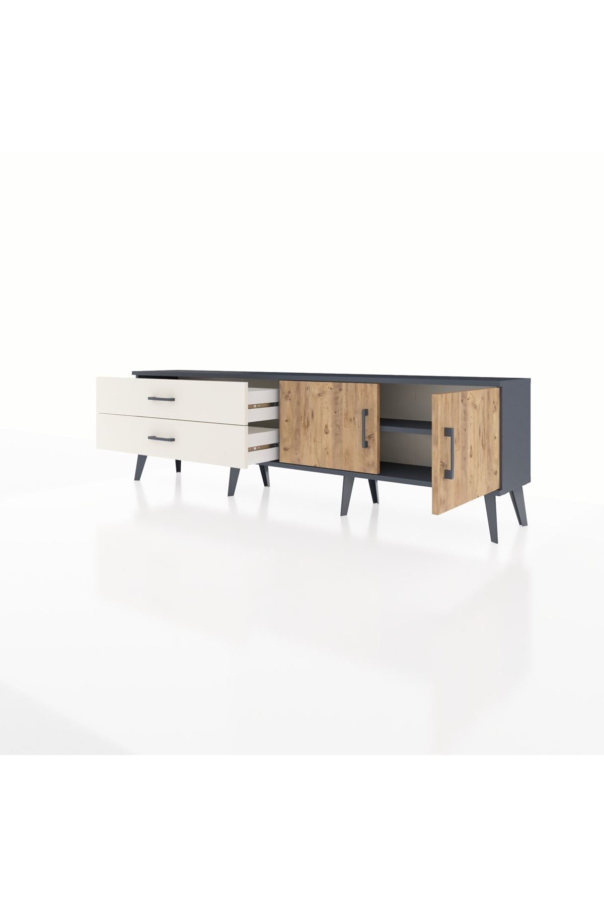 Arges TV Ünitesi Tek Raflı 2 Çekmeceli 2 Kapaklı 176x30x51 Antrasit-Çam/Aytaşı
