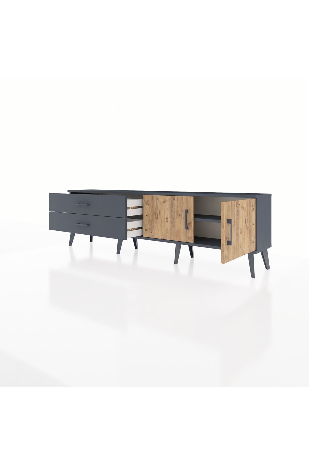 Arges TV Ünitesi Tek Raflı 2 Çekmeceli 2 Kapaklı 176x30x51 Antrasit-Çam/Antrasit