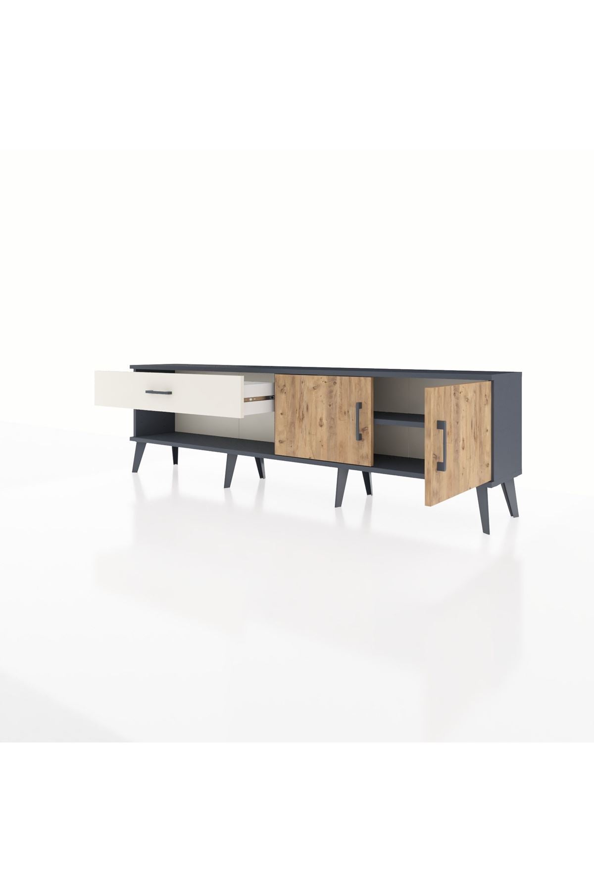 Arges TV Ünitesi Tek Raflı Tek Çekmeceli 2 Kapaklı 176x30x51 Antrasit-Çam/Aytaşı