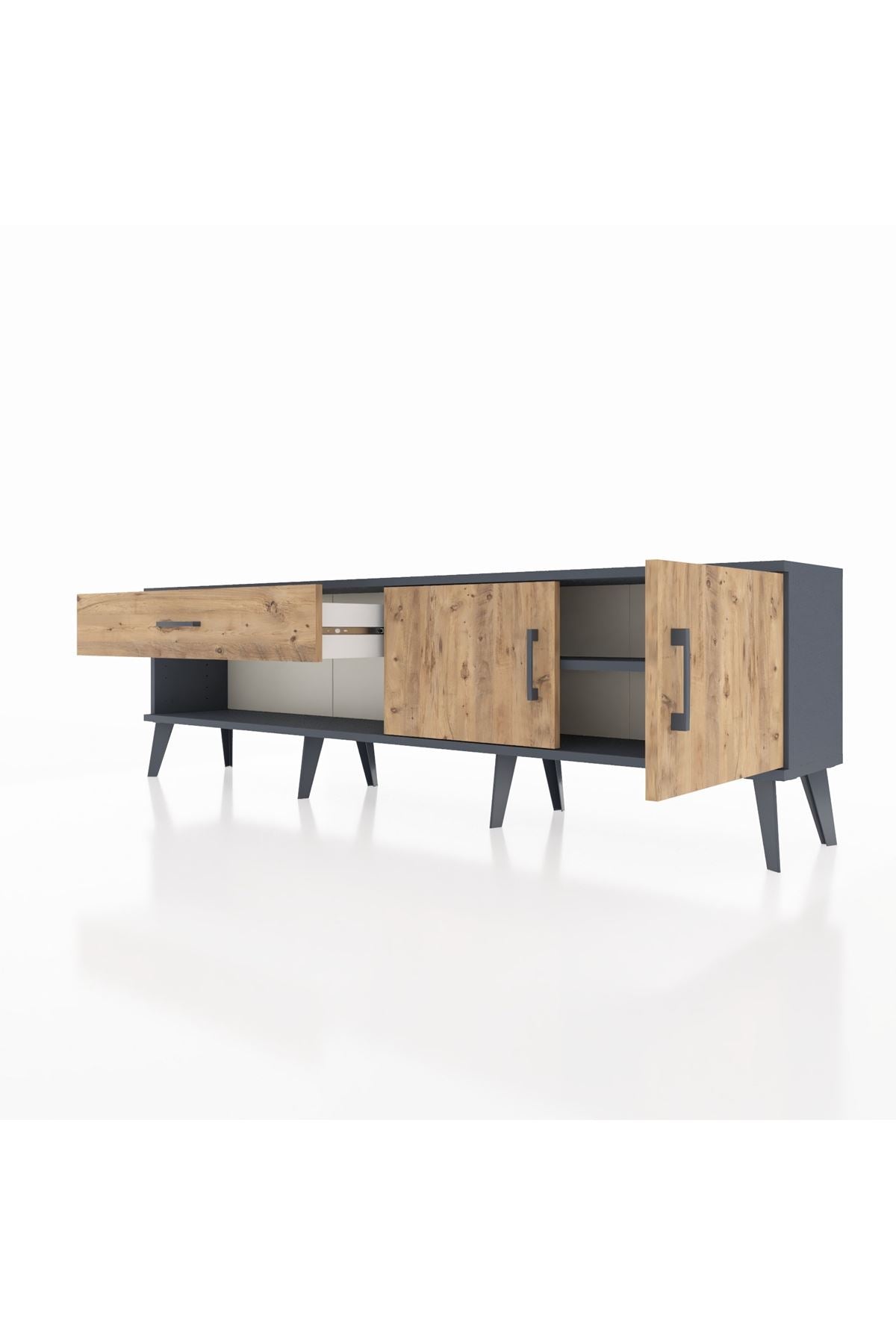 Arges TV Ünitesi Tek Raflı Tek Çekmeceli 2 Kapaklı 176x30x51 Antrasit-Çam/Çam