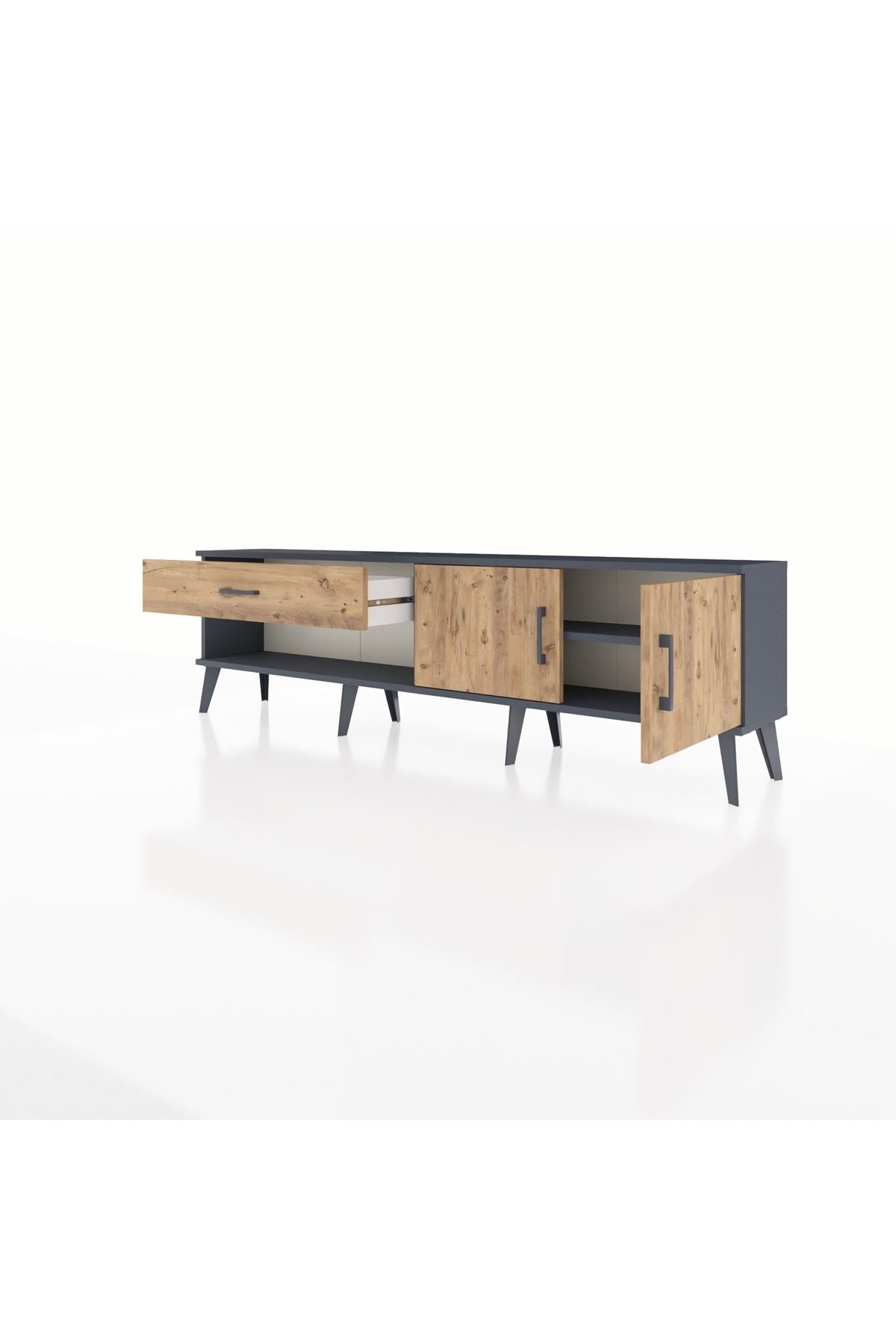 Arges TV Ünitesi Tek Raflı Tek Çekmeceli 2 Kapaklı 176x30x51 Antrasit-Çam/Çam