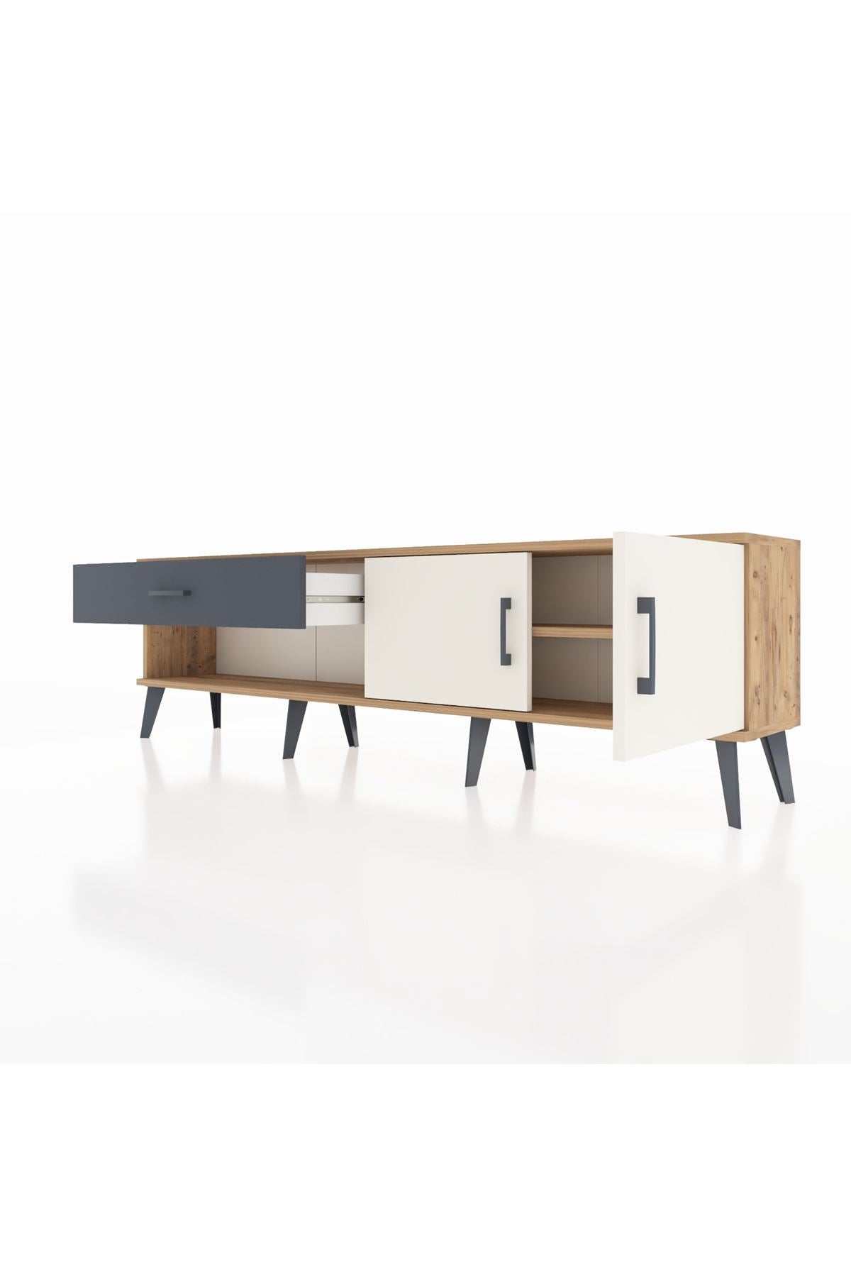 Arges TV Ünitesi Tek Raflı Tek Çekmeceli 2 Kapaklı 176x30x51 Çam-Aytaşı/Antrasit