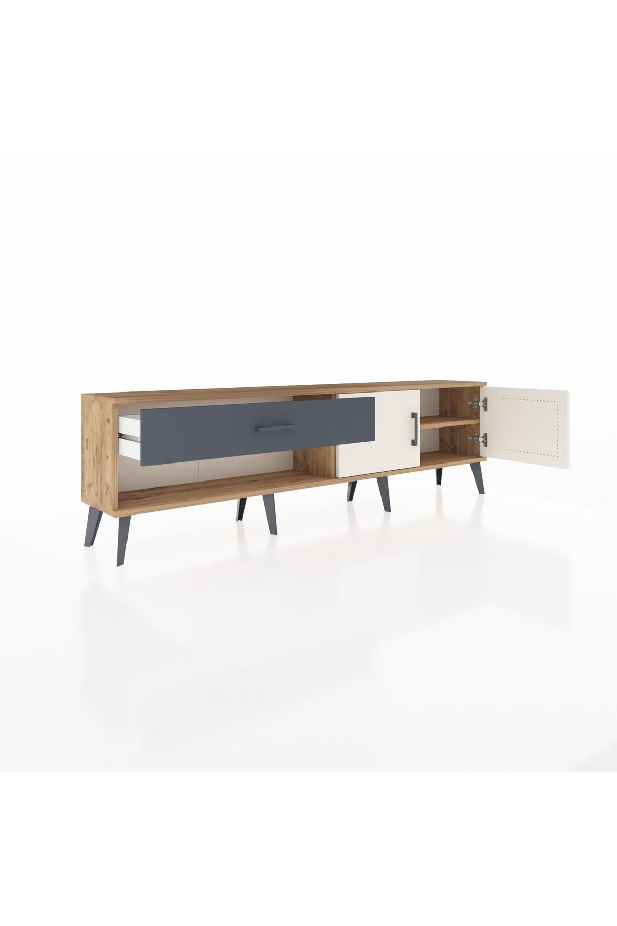 Arges TV Ünitesi Tek Raflı Tek Çekmeceli 2 Kapaklı 176x30x51 Çam-Aytaşı/Antrasit