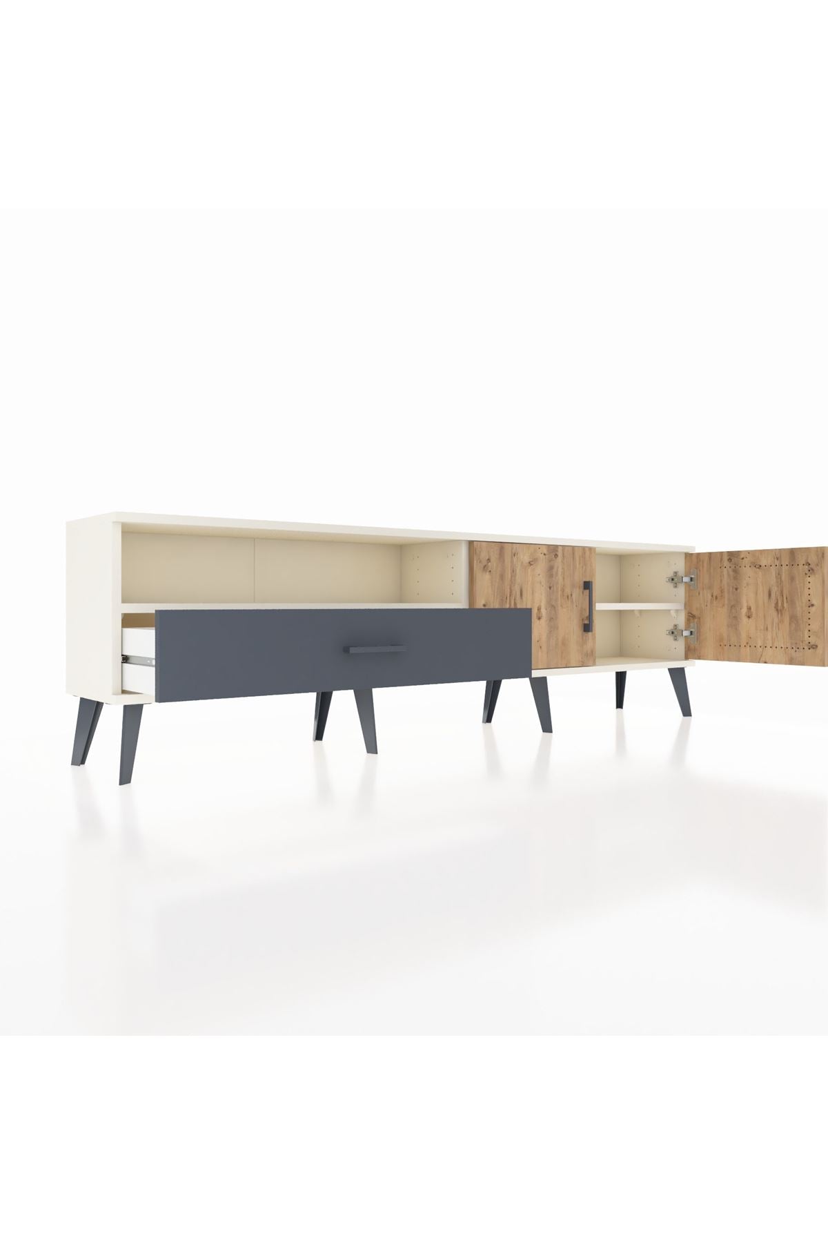 Arges TV Ünitesi 2 Raflı Tek Çekmeceli 2 Kapaklı 176x30x51 Aytaşı-Çam/Antrasit