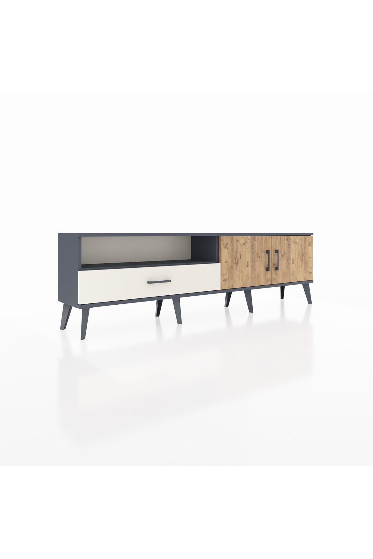 Arges TV Ünitesi 2 Raflı Tek Çekmeceli 2 Kapaklı 176x30x51 Antrasit-Çam/Aytaşı