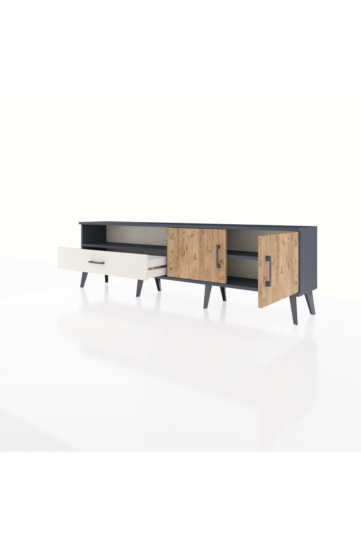 Arges TV Ünitesi 2 Raflı Tek Çekmeceli 2 Kapaklı 176x30x51 Antrasit-Çam/Aytaşı