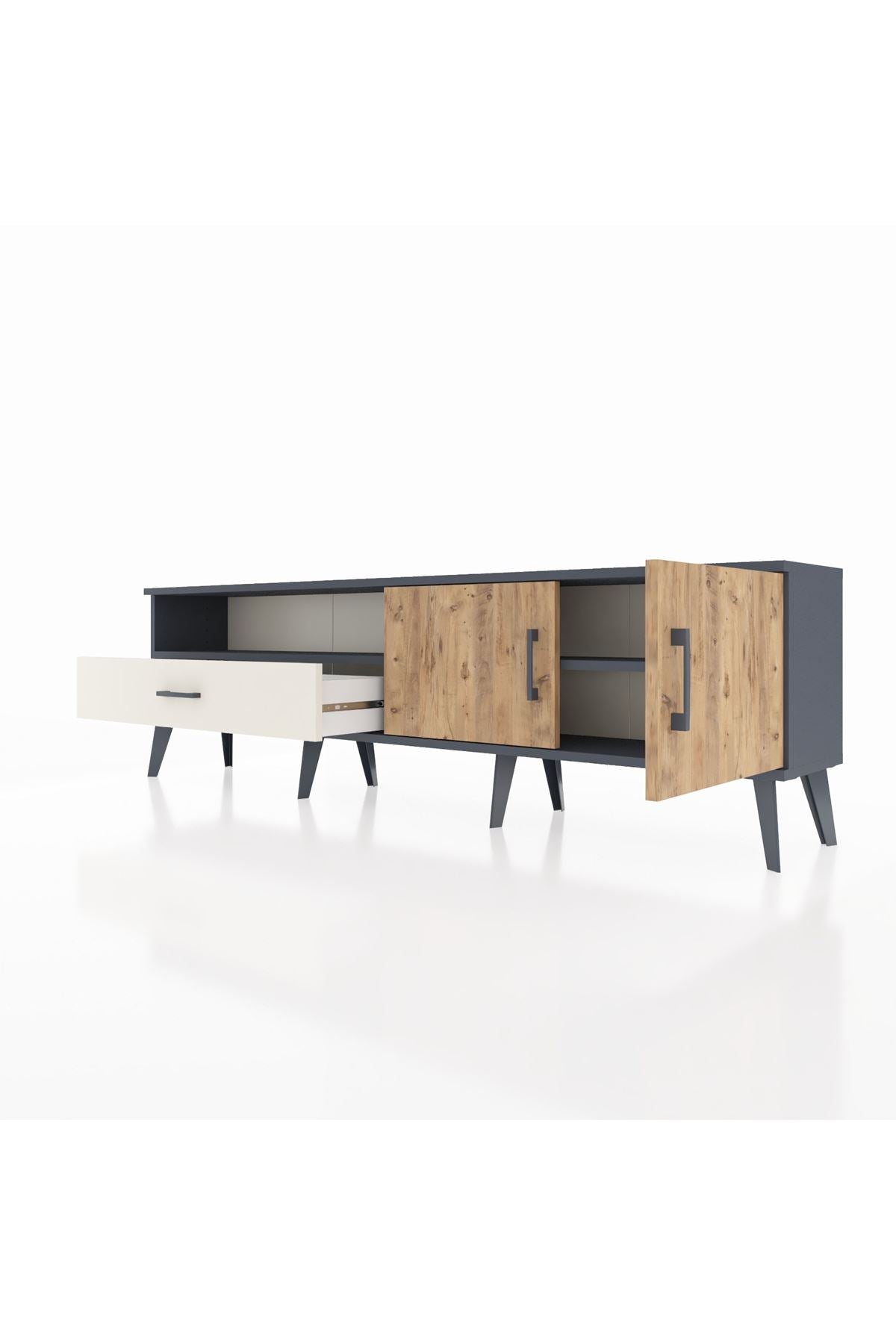 Arges TV Ünitesi 2 Raflı Tek Çekmeceli 2 Kapaklı 176x30x51 Antrasit-Çam/Aytaşı