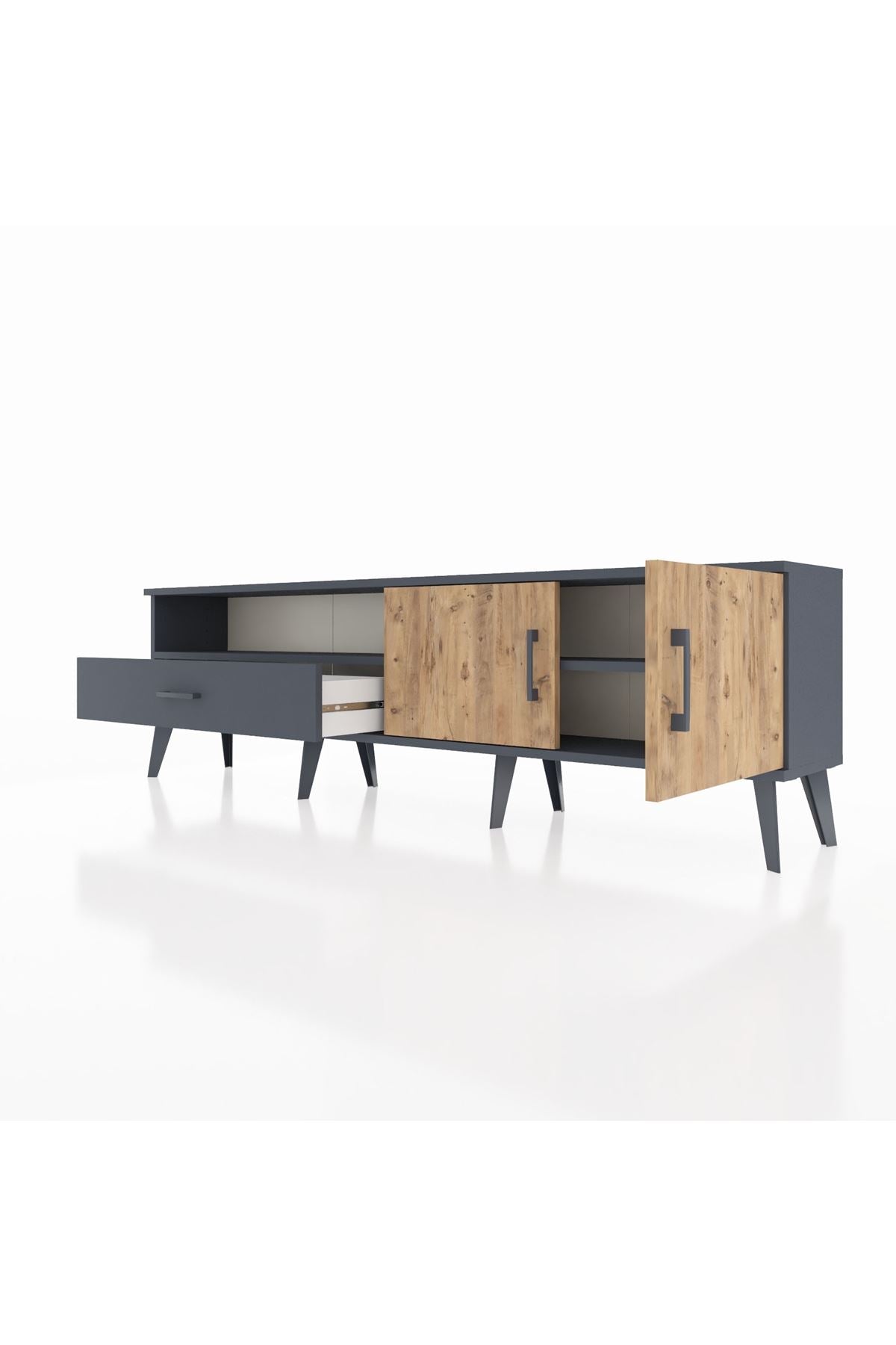 Arges TV Ünitesi 2 Raflı Tek Çekmeceli 2 Kapaklı 176x30x51 Antrasit-Çam/Antrasit