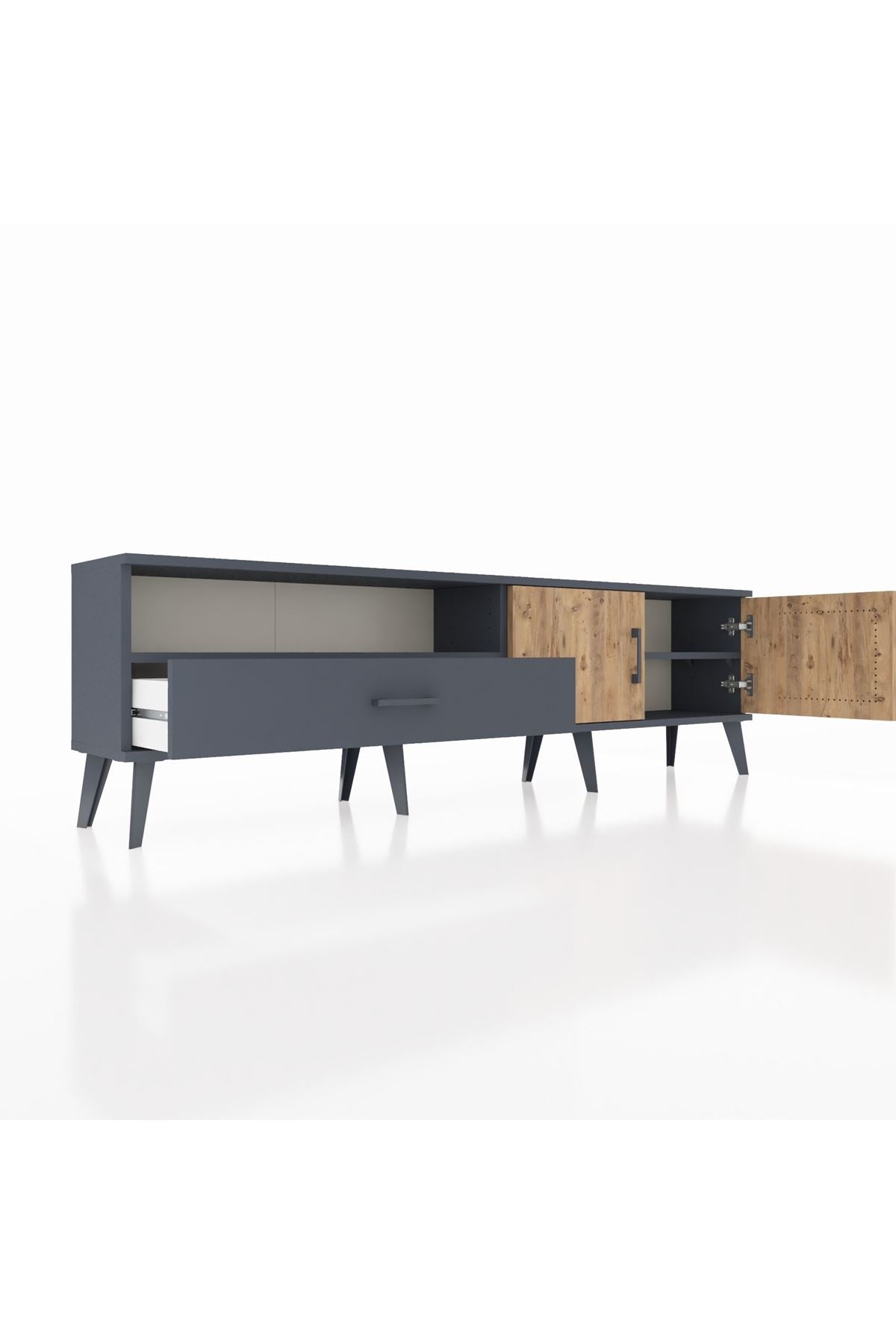 Arges TV Ünitesi 2 Raflı Tek Çekmeceli 2 Kapaklı 176x30x51 Antrasit-Çam/Antrasit