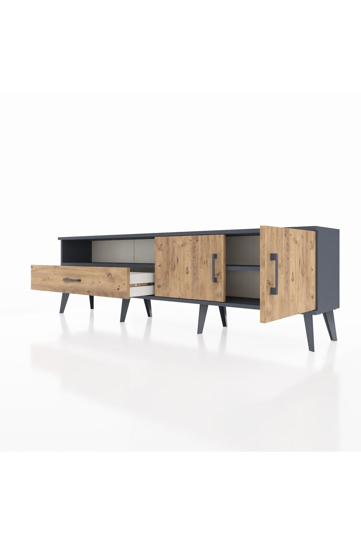 Arges TV Ünitesi 2 Raflı Tek Çekmeceli 2 Kapaklı 176x30x51 Antrasit-Çam/Çam