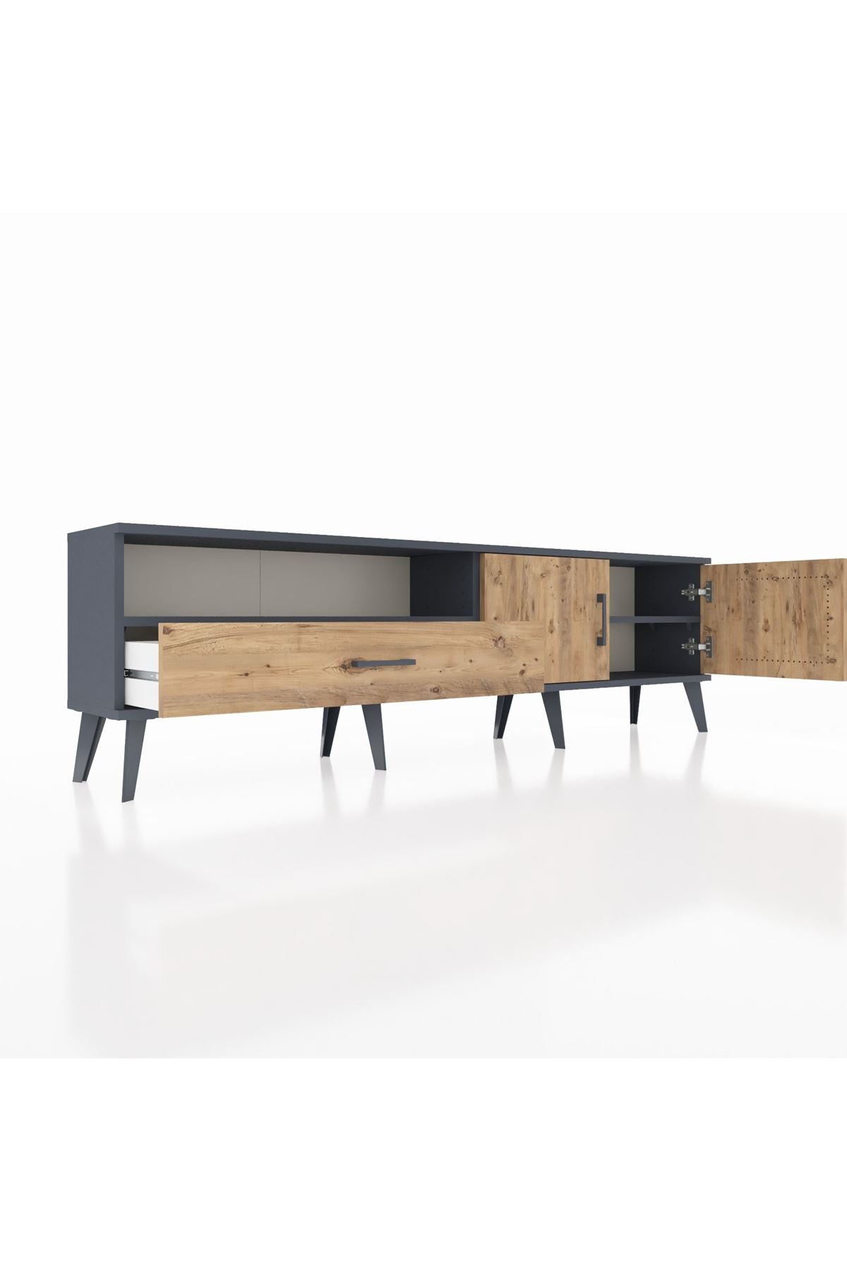 Arges TV Ünitesi 2 Raflı Tek Çekmeceli 2 Kapaklı 176x30x51 Antrasit-Çam/Çam